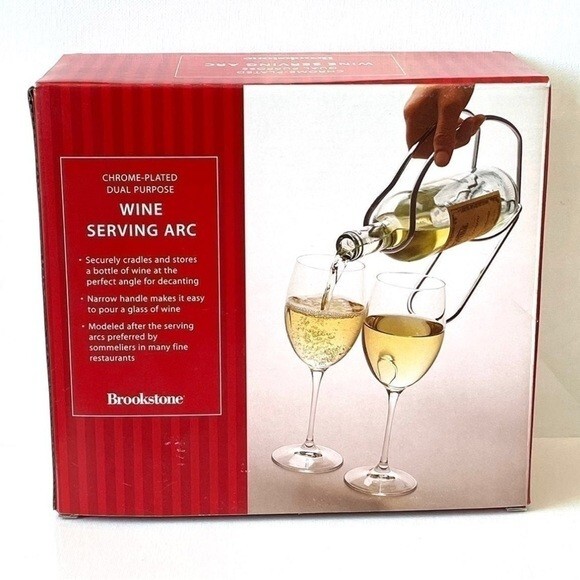 Brookstone Chrome Wine Holder Serving Arc Bottle Cradle Decanter Stand NIB