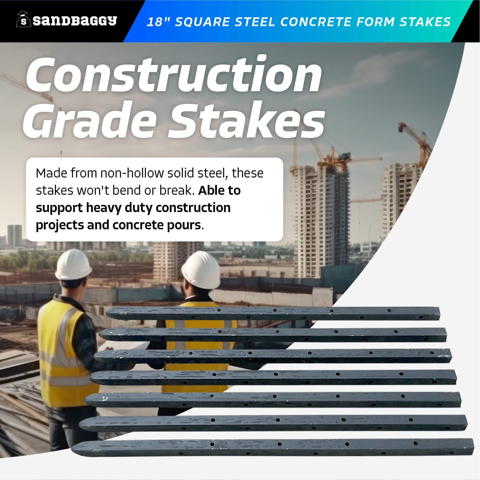 Sandbaggy 5/8" x 18" Square Steel Concrete Form Stakes w/ Nail Holes - Rebar Pin