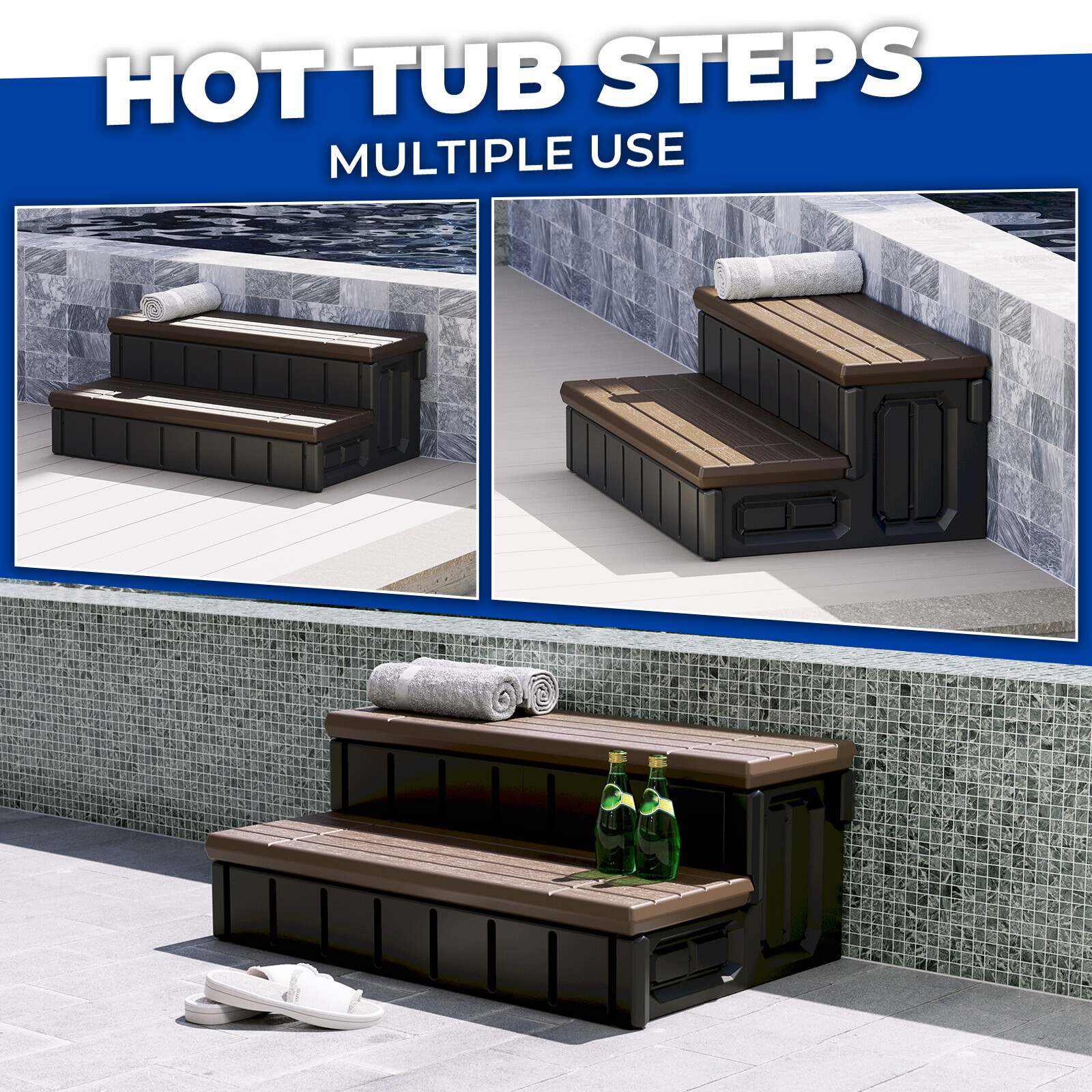 Brown+Black Universal 2 Slip-Resistant Spa & Hot Tub Step Outdoor with Storage