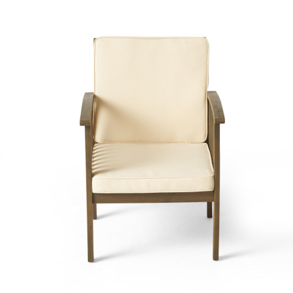 Acacia Wood Outdoor Club Chair Set w/ Side Table, Cream & Gray Cushions