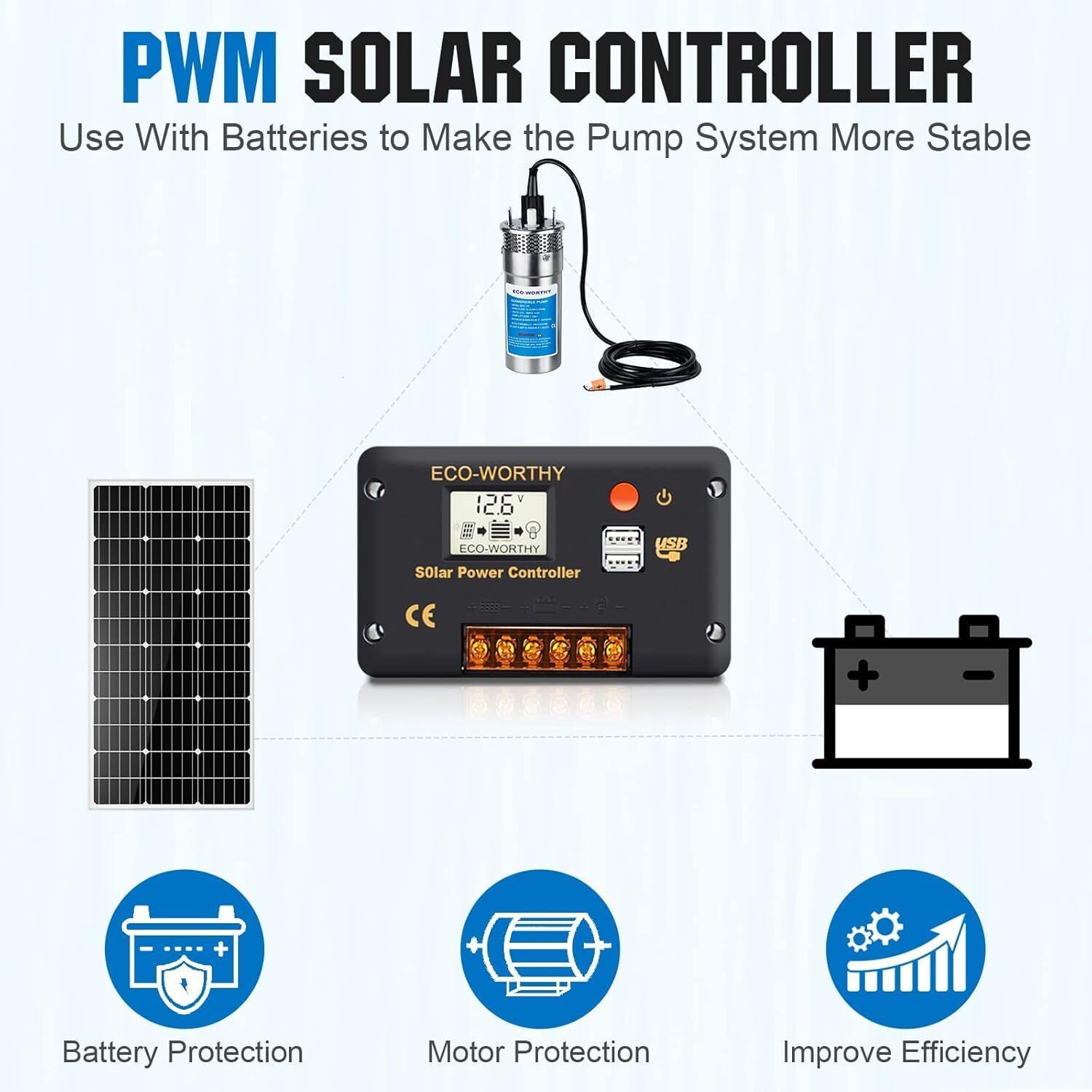 24V Solar Well Water Pump Kit 100W Solar Panels 50AH Lithium Battery