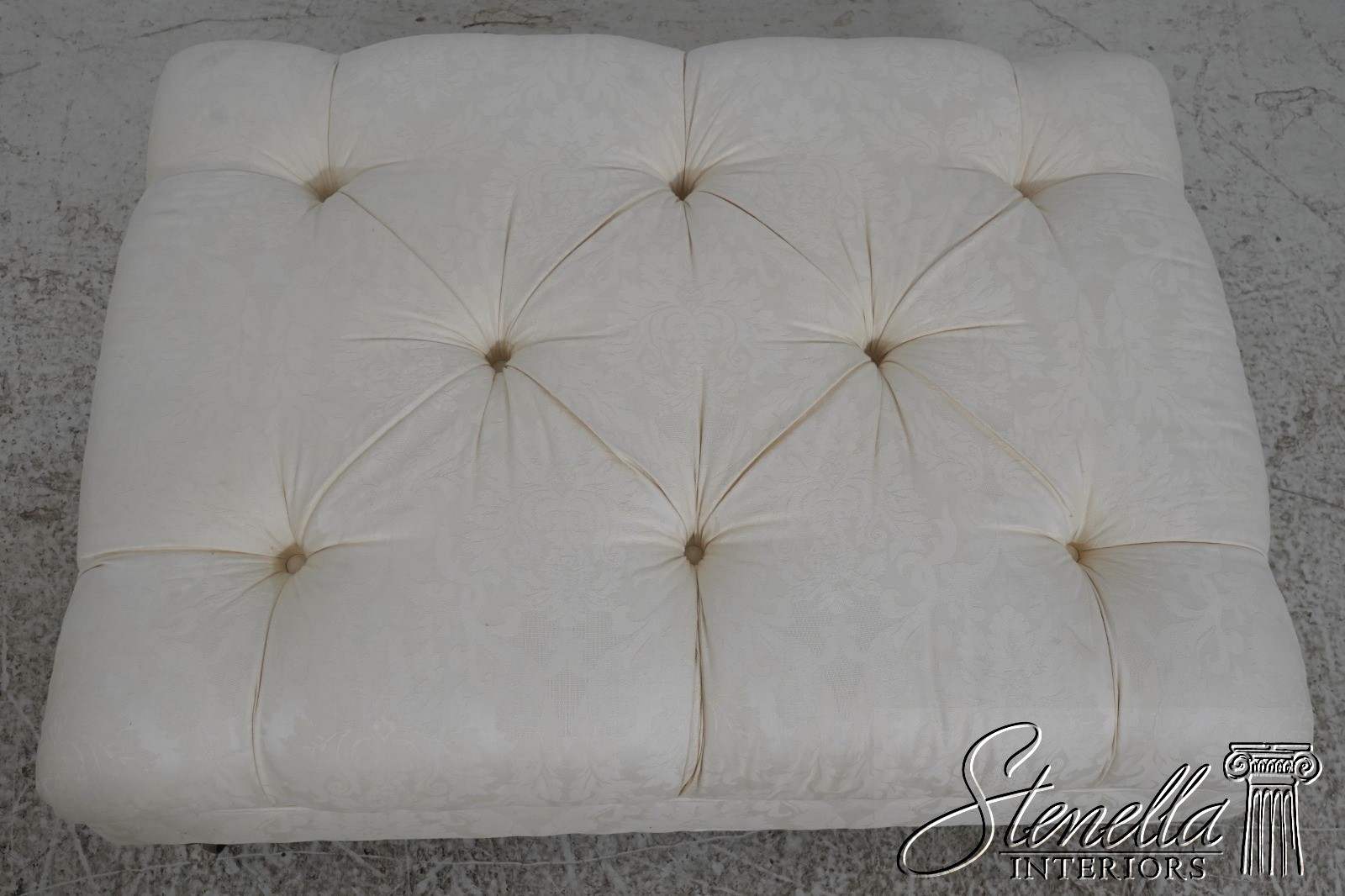 70448: ETHAN ALLEN Off White Tufted Damask Ottoman