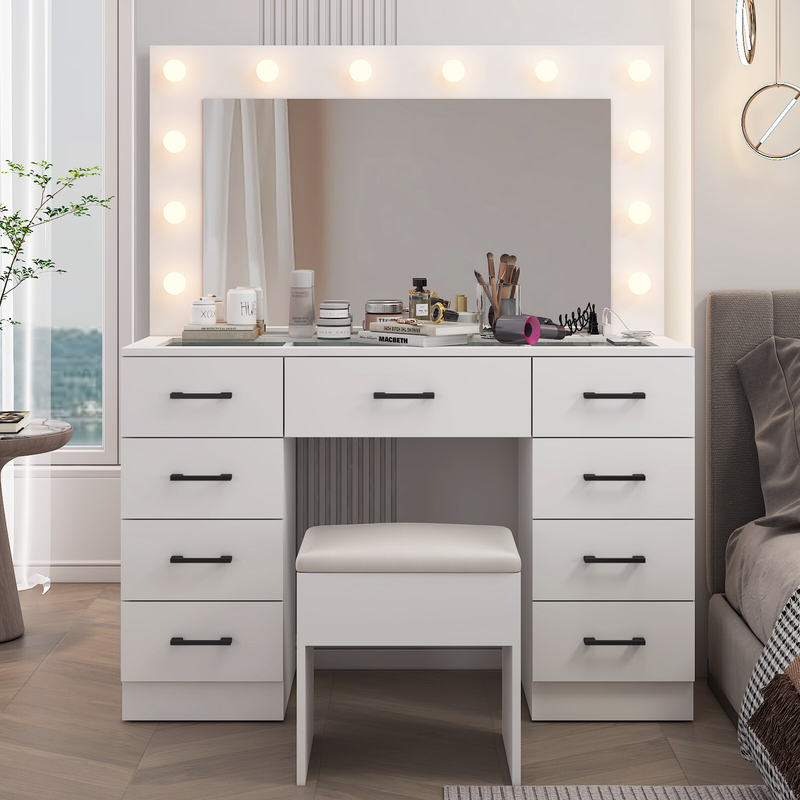 Vanity Set Desk 9 Drawers Large Mirror with Power Outlet LED Lights Makeup Table