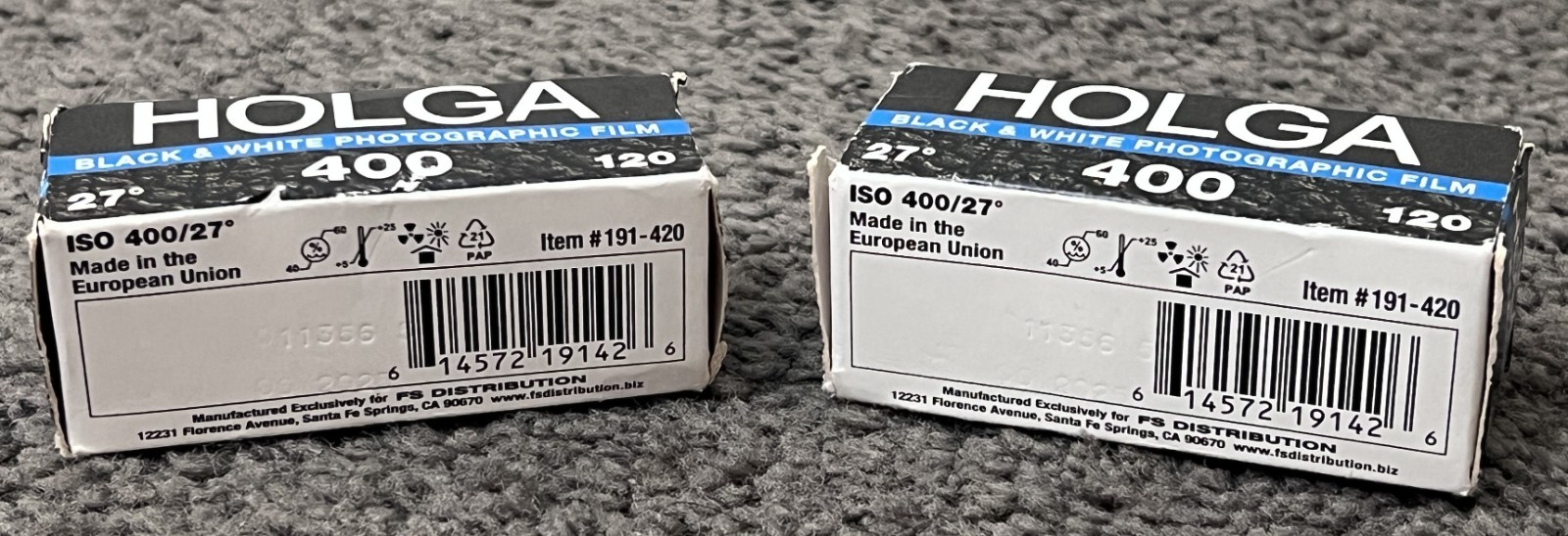 Lot of (2) Holga 400 ISO Black & White Photographic Film, 120 Size
