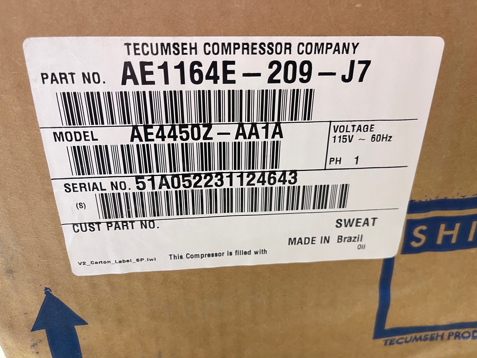 Tecumseh 1/2 Ton 5800BTU Compressor AE1164E-209-J7 AE4450Z-AA1A R404A 115V
