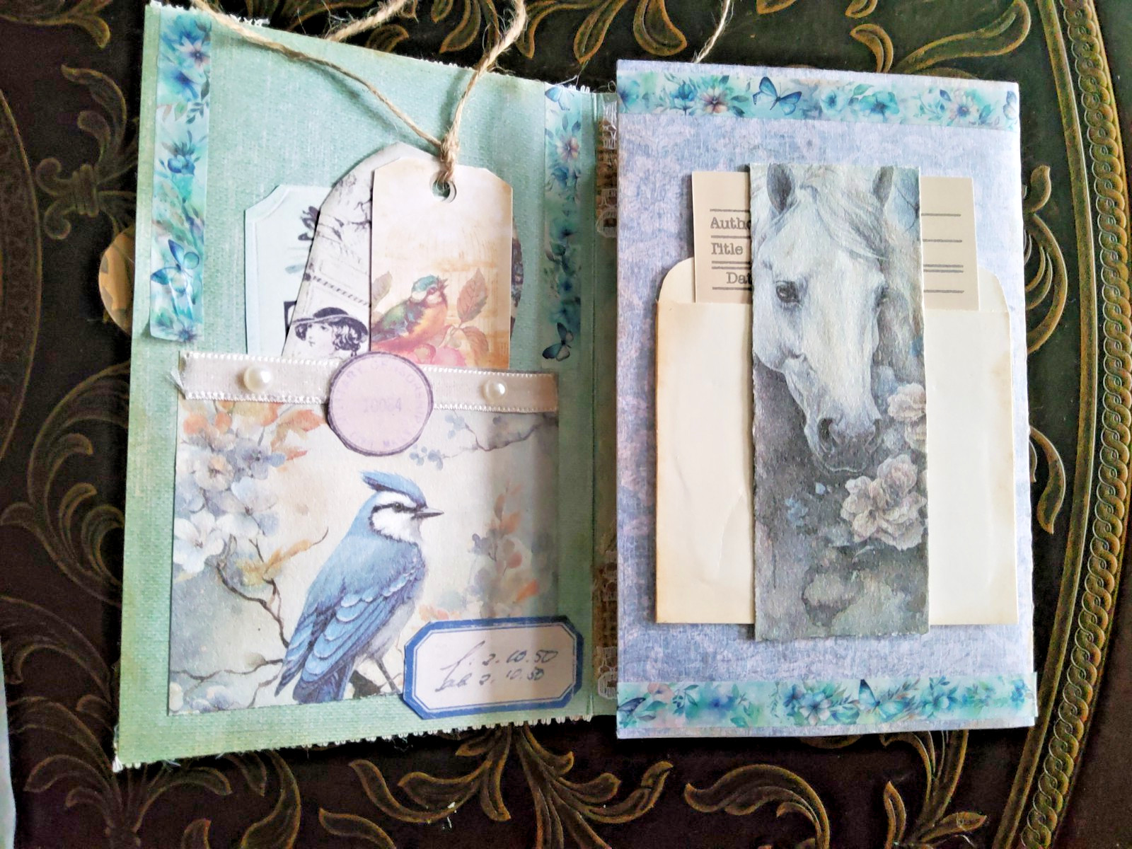 NEW Junk Journal Handmade Booklet Folio Vintage "White Horses" Pockets Ephemera