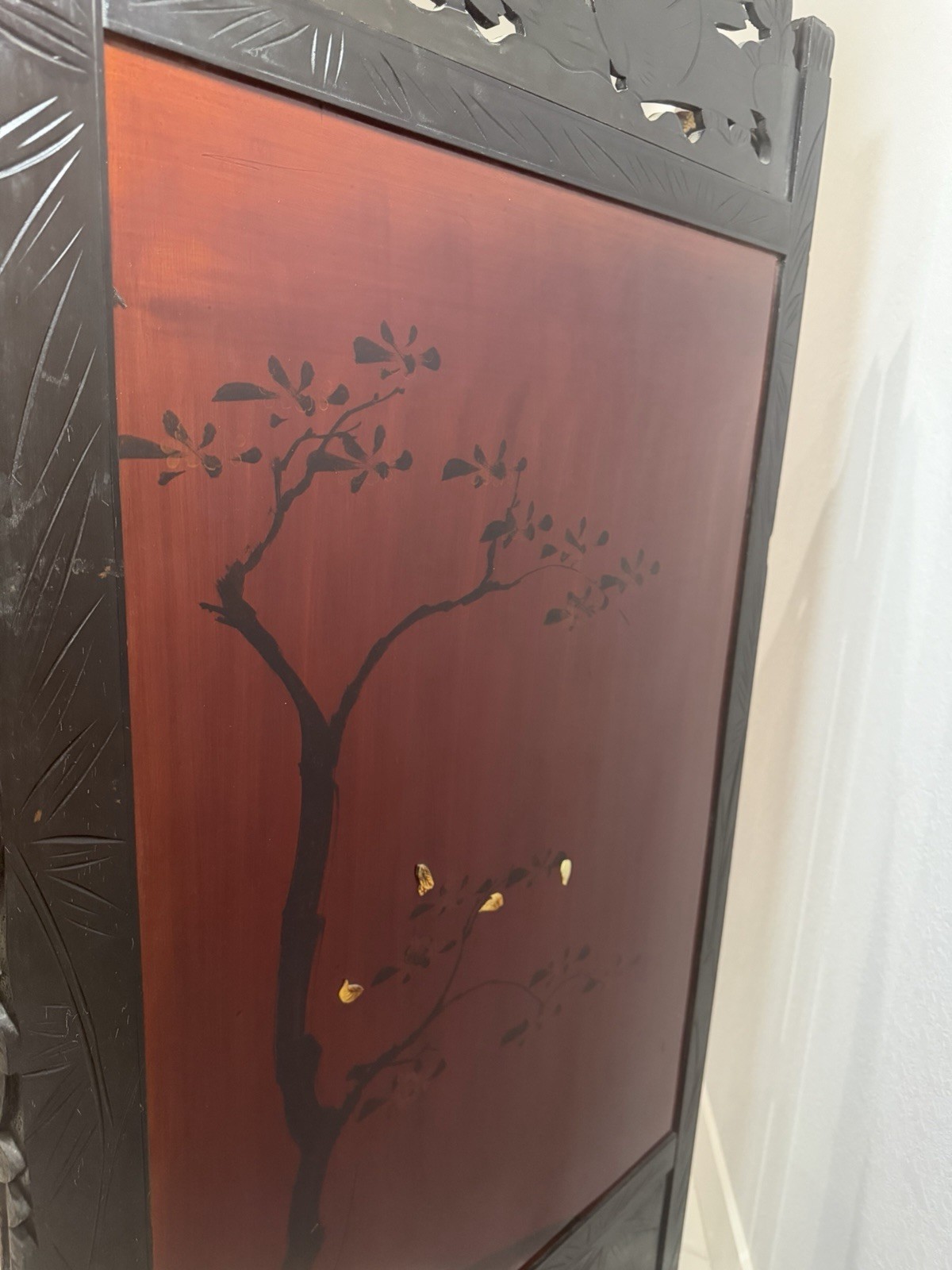 Asian Style Hand Painted Carved Wood Room Divider Birds & Flowers