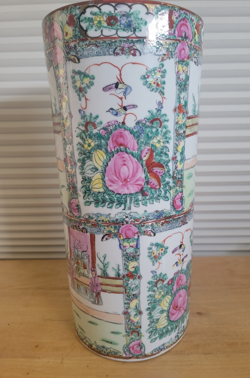 Vintage Porcelain Asian Umbrella Stand  Pot Hand Painted 18 3/8" x 8 1/8"