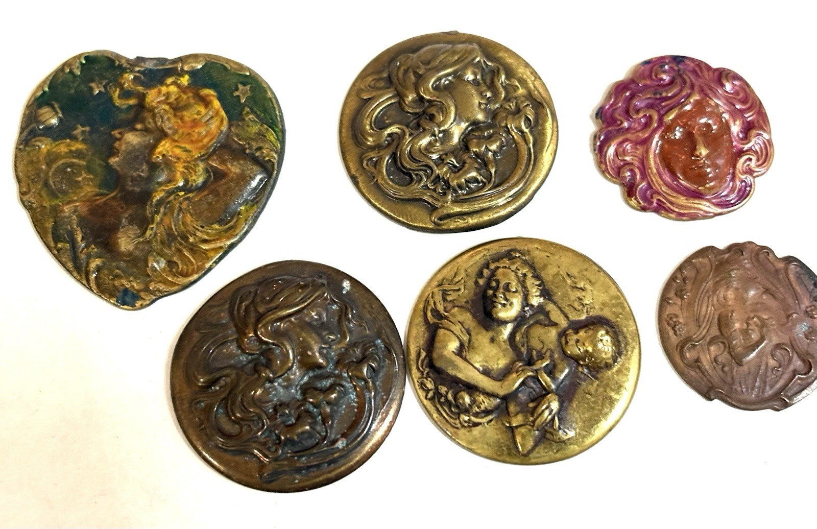 Lot ART NOUVEAU VINTAGE BRASS STAMPINGS NYMPH Ladies Cupid 6 Different Findings