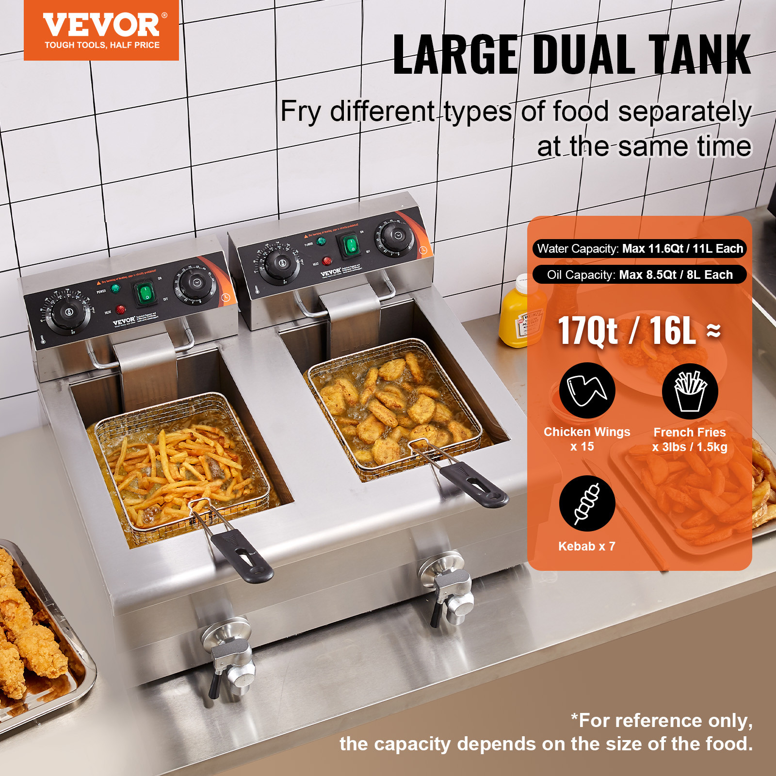 VEVOR Commercial Electric Deep Fryer Countertop Fryer 3000W Dual Tank 2x11Qt/11L