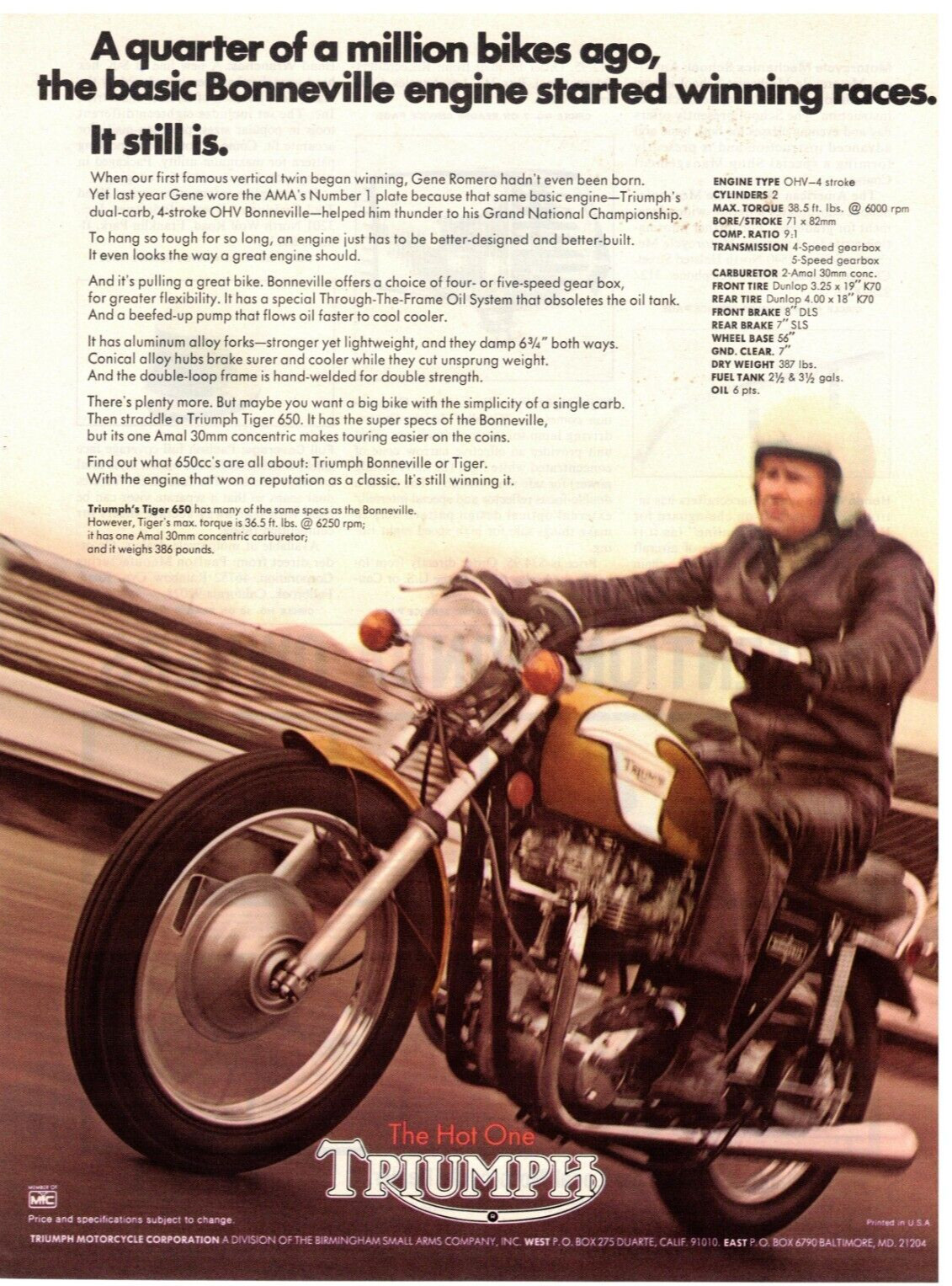 1972 Triumph Tiger 650 Motorcycle Vintage Magazine Ad