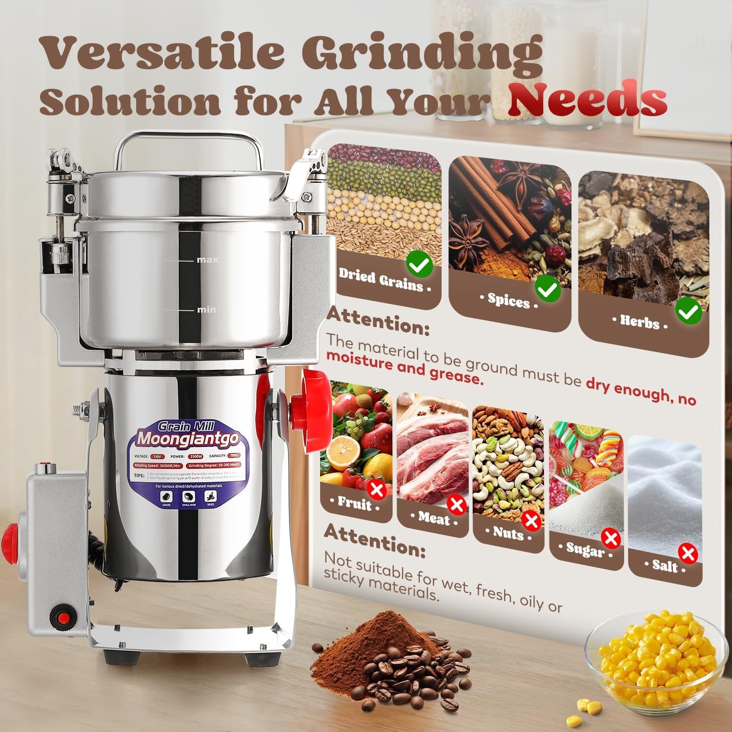 700g Grain Mill Grinder Commercial Spice Grinder 2500W 110V