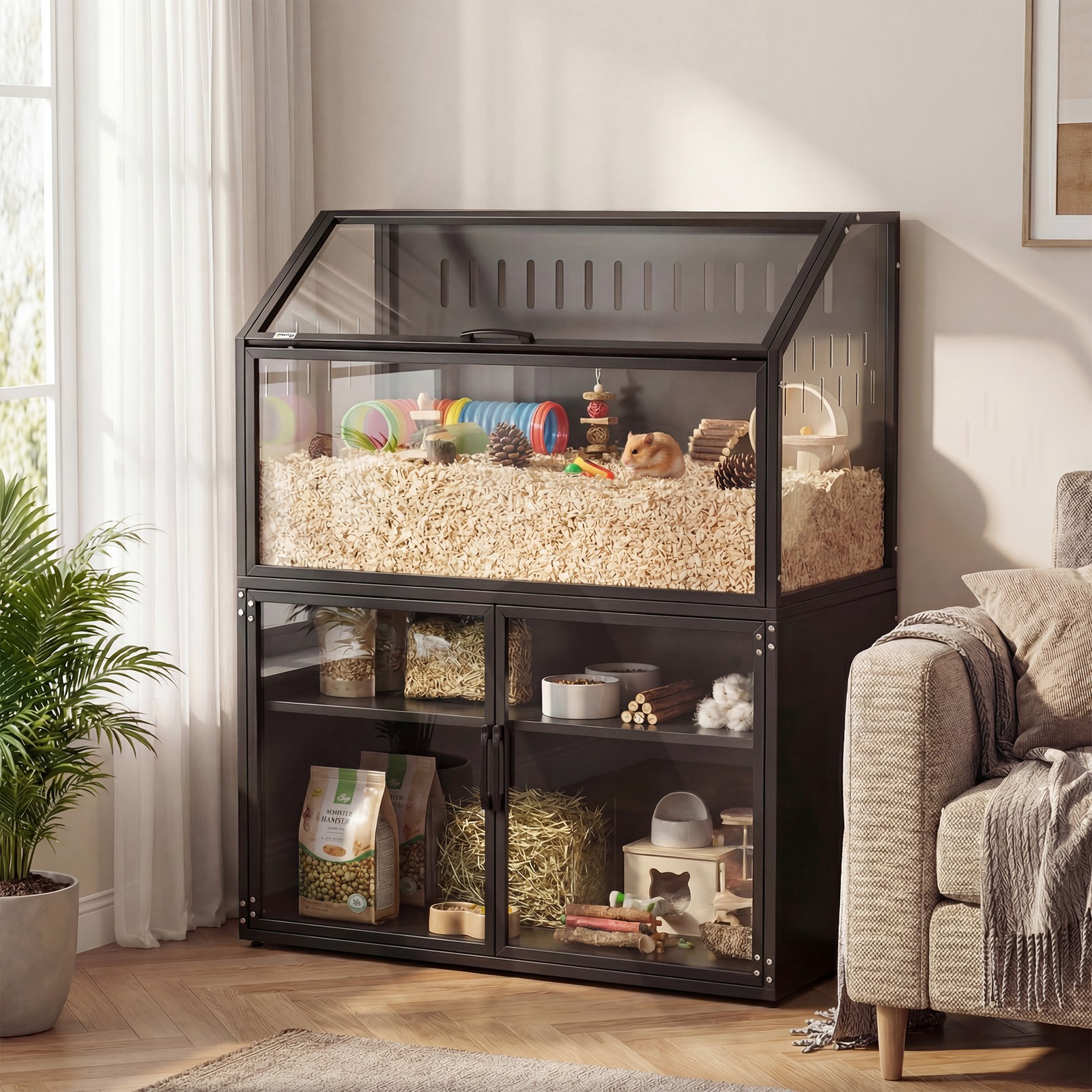 Hamster Cage with Storage Cabinet, Small Animal Cage with Acrylic Panels