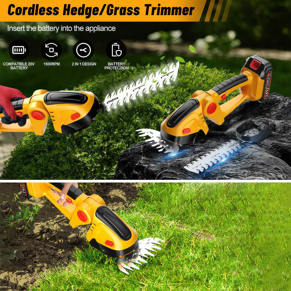 Handheld Electric Cordless Hedge Trimmer Grass Shear Bush Trimmer w/ 2x Battery