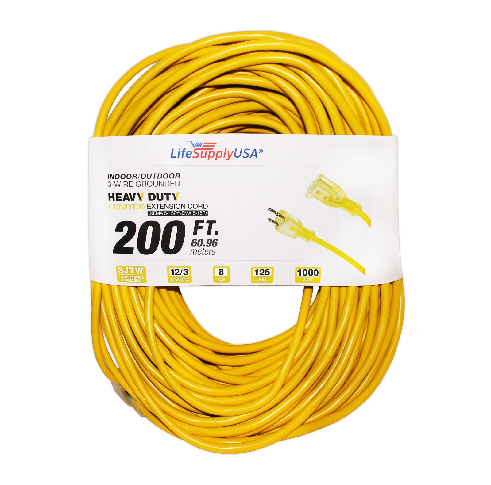 12/3 300V SJTW Lighted Extension Cord - 15 Amp - Sizes: 6 10 25 50 75 100 200 Ft