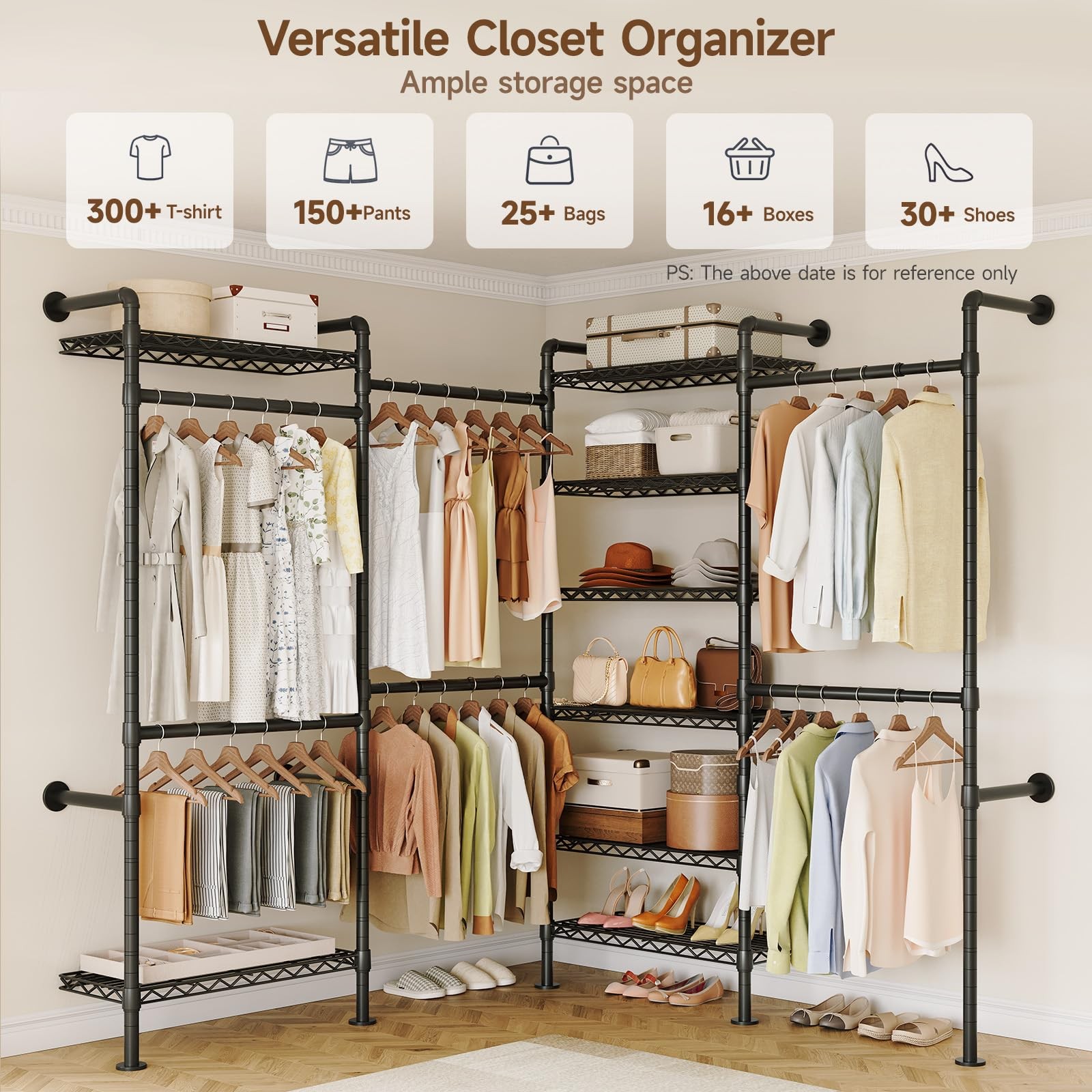L4 Wall Mounted Industrial Pipe Clothing Rack, Closet Organizer System