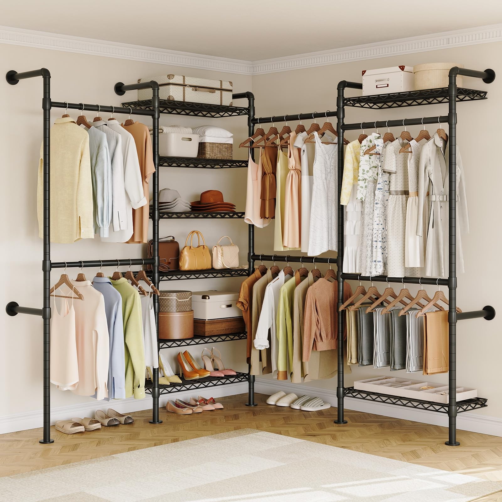 L4 Wall Mounted Industrial Pipe Clothing Rack, Closet Organizer System