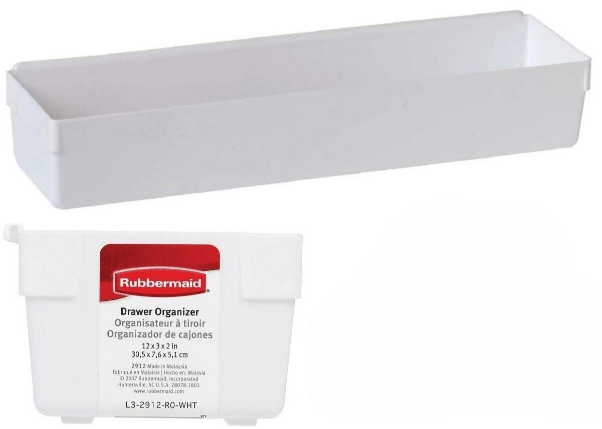 Rubbermaid 2912 Drawer Organizer 12x3x2 White Plastic Rectangular Tray Bins New