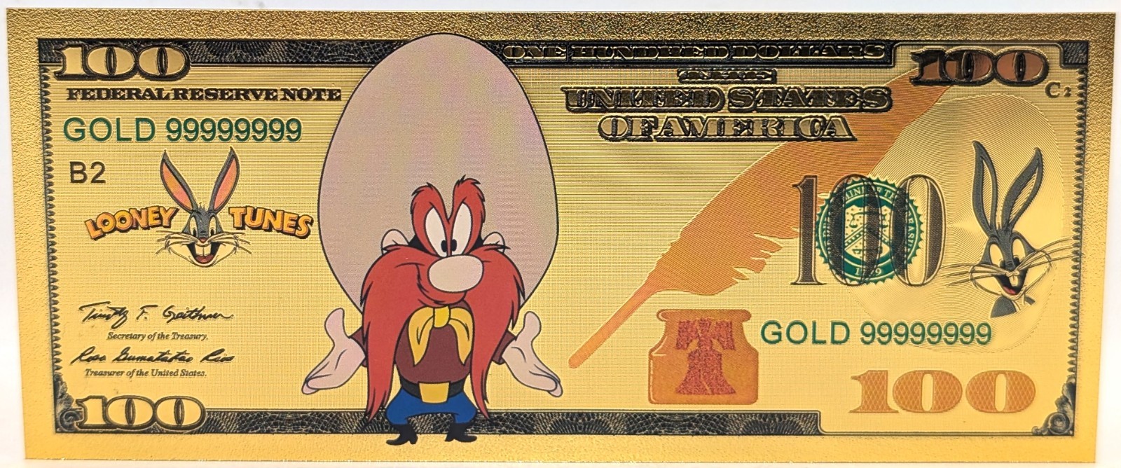 Yosemite Sam Looney Tunes $100 Dollars 24K Gold Foil Plated Note Bill - XX136
