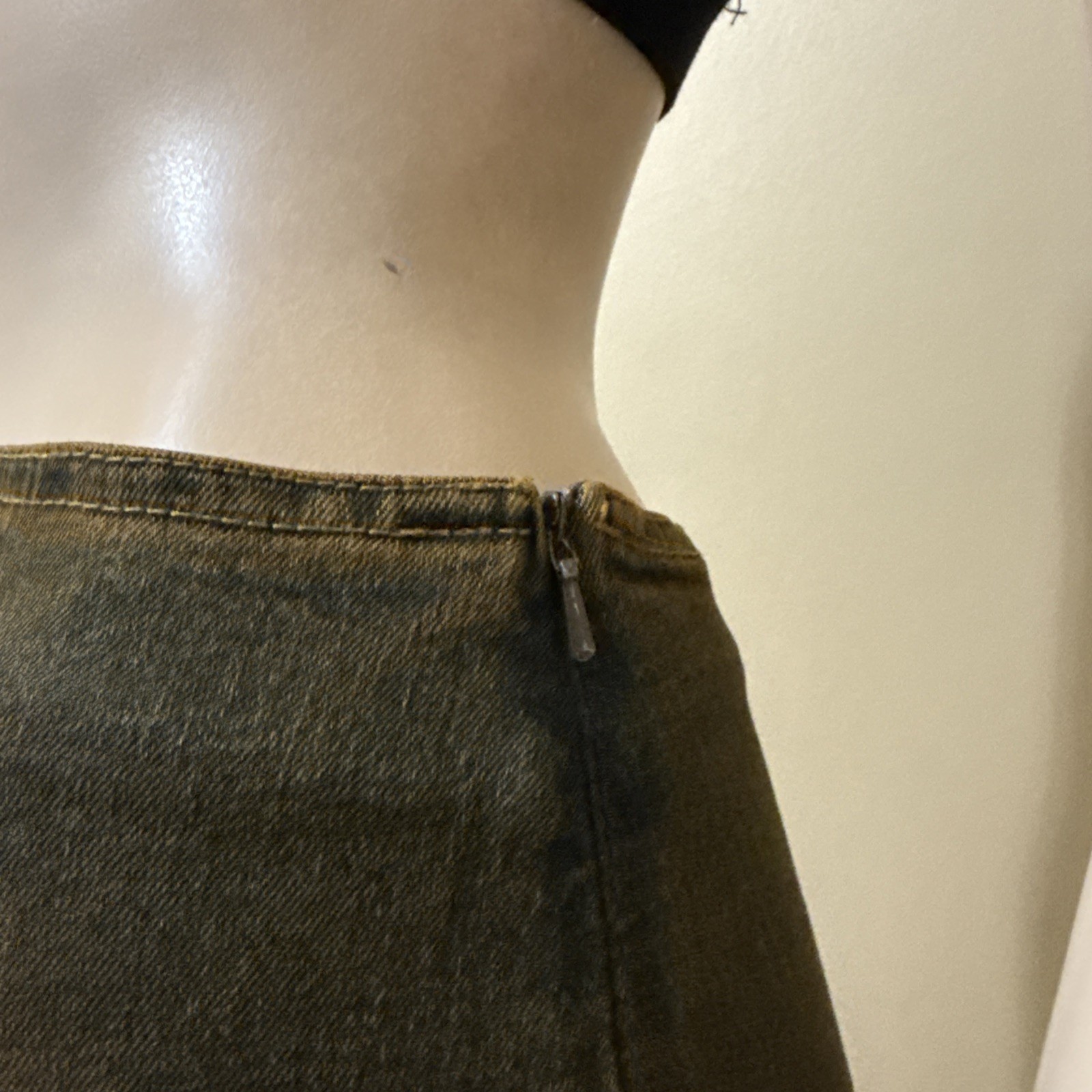 Women’s Brown Denim Cotton Stretch Boho Beaded Lace Zip Size M(6-8) Skirt 3716