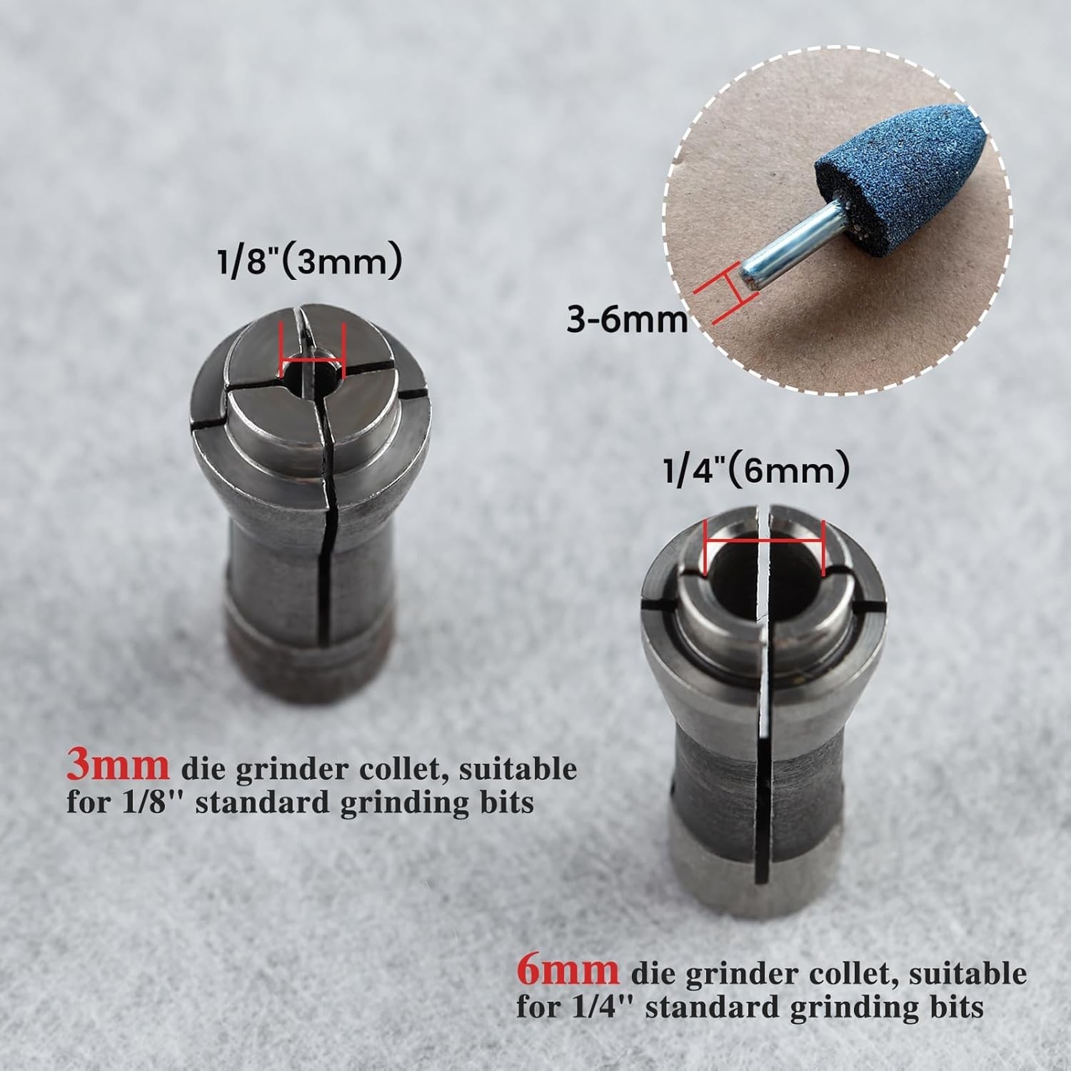 4 Pcs Die Grinder Collet Adapter Set for 1/4" & 1/8" Arbors - 3mm & 6mm Chucks