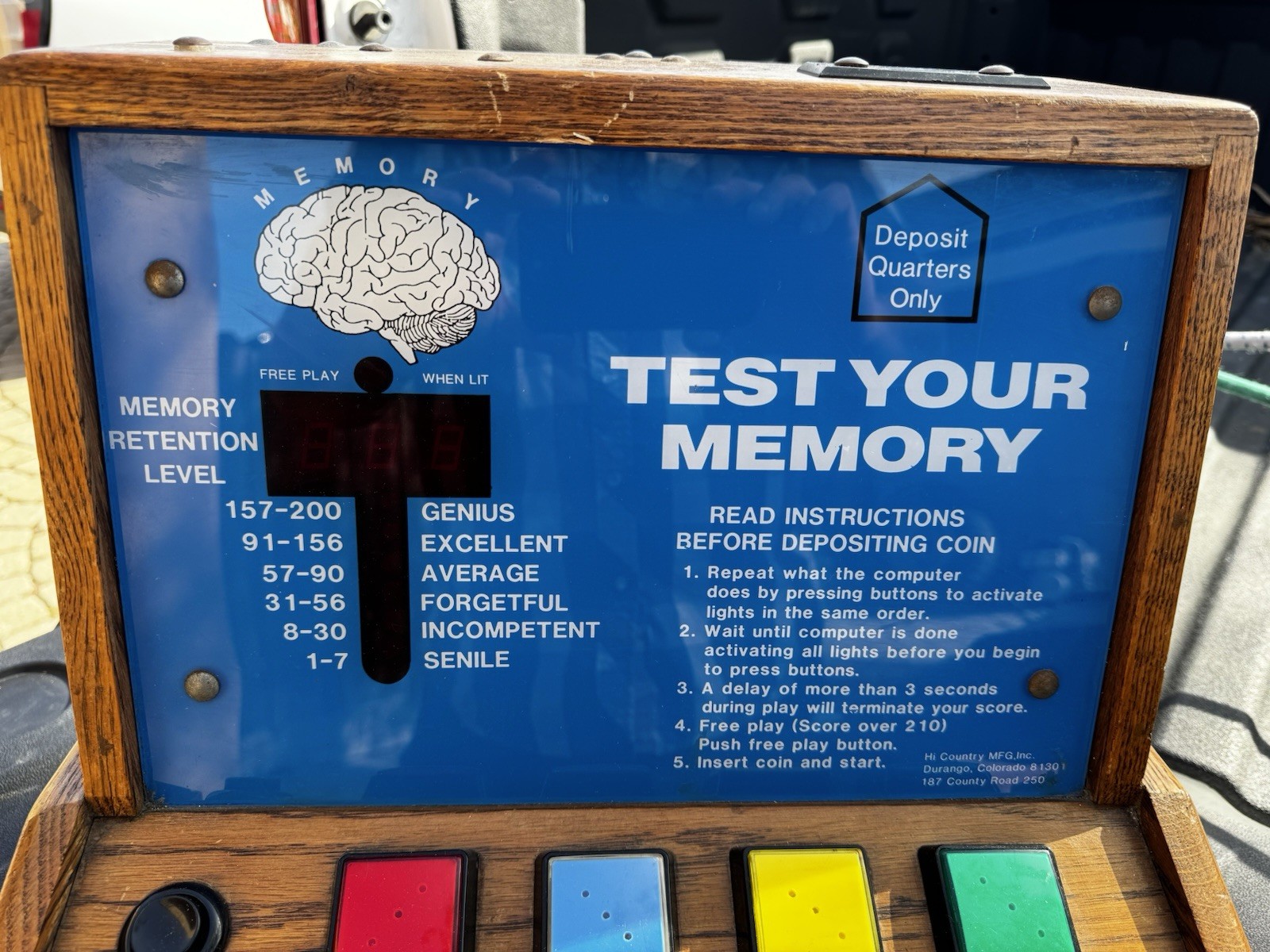 Memory Tester Quarter Coin Operated Simon Says Like Color-Sequence Matching Game