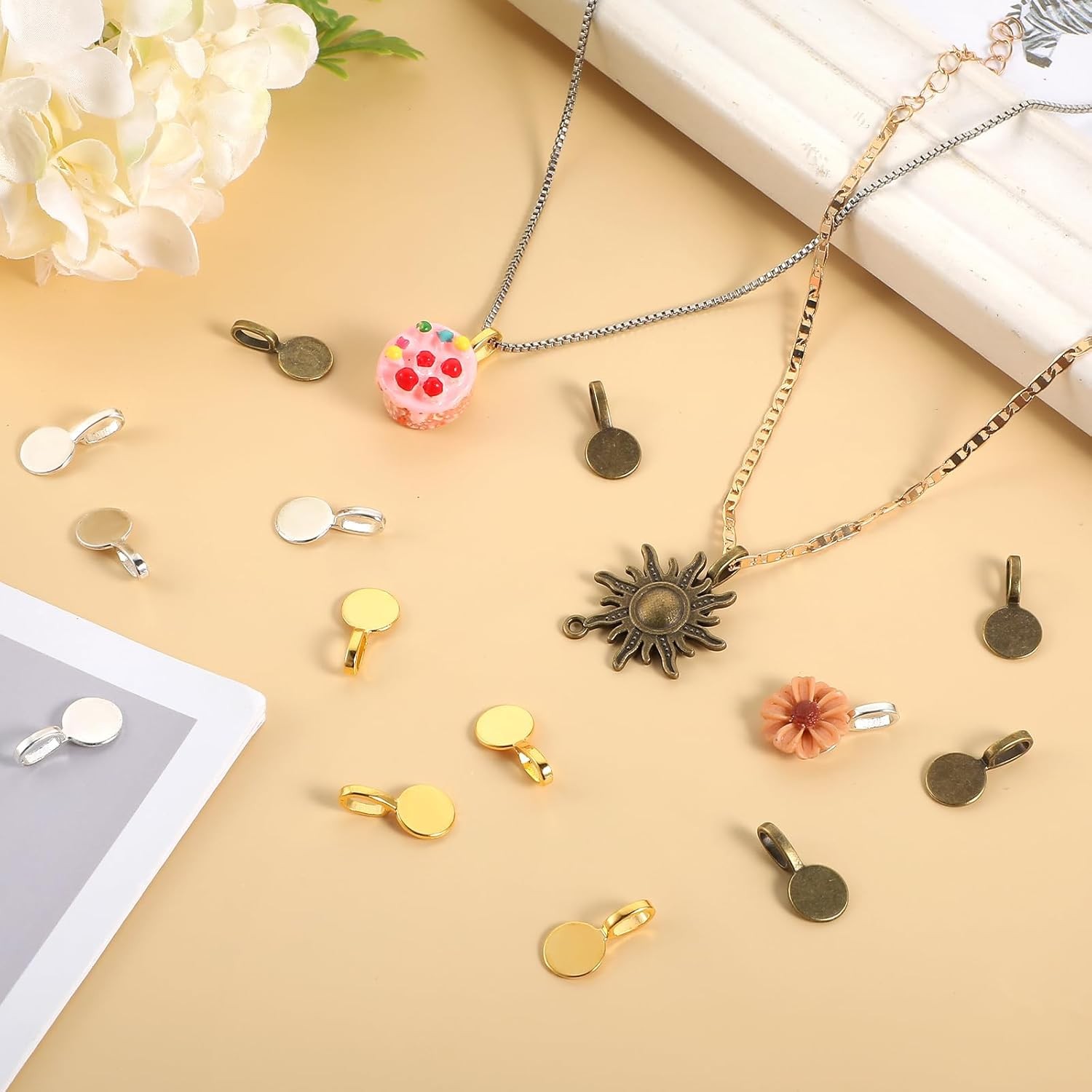 150Pcs Glue-On Bails Pendants, Round Flat Pad Connector Charms for Jewelry