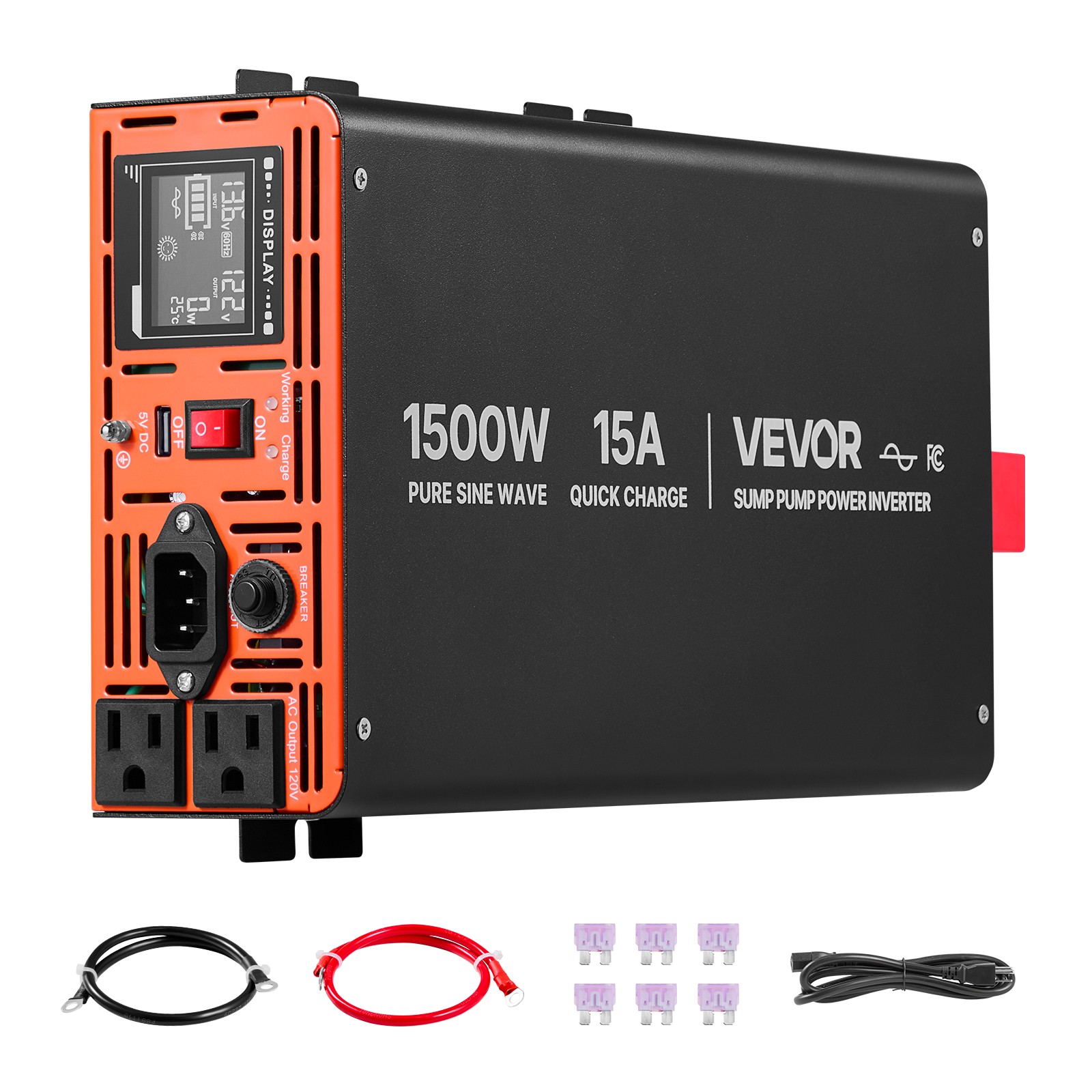 VEVOR 1500W Sump Pump Battery Backup System LCD Pure Sine Wave Power Inverter