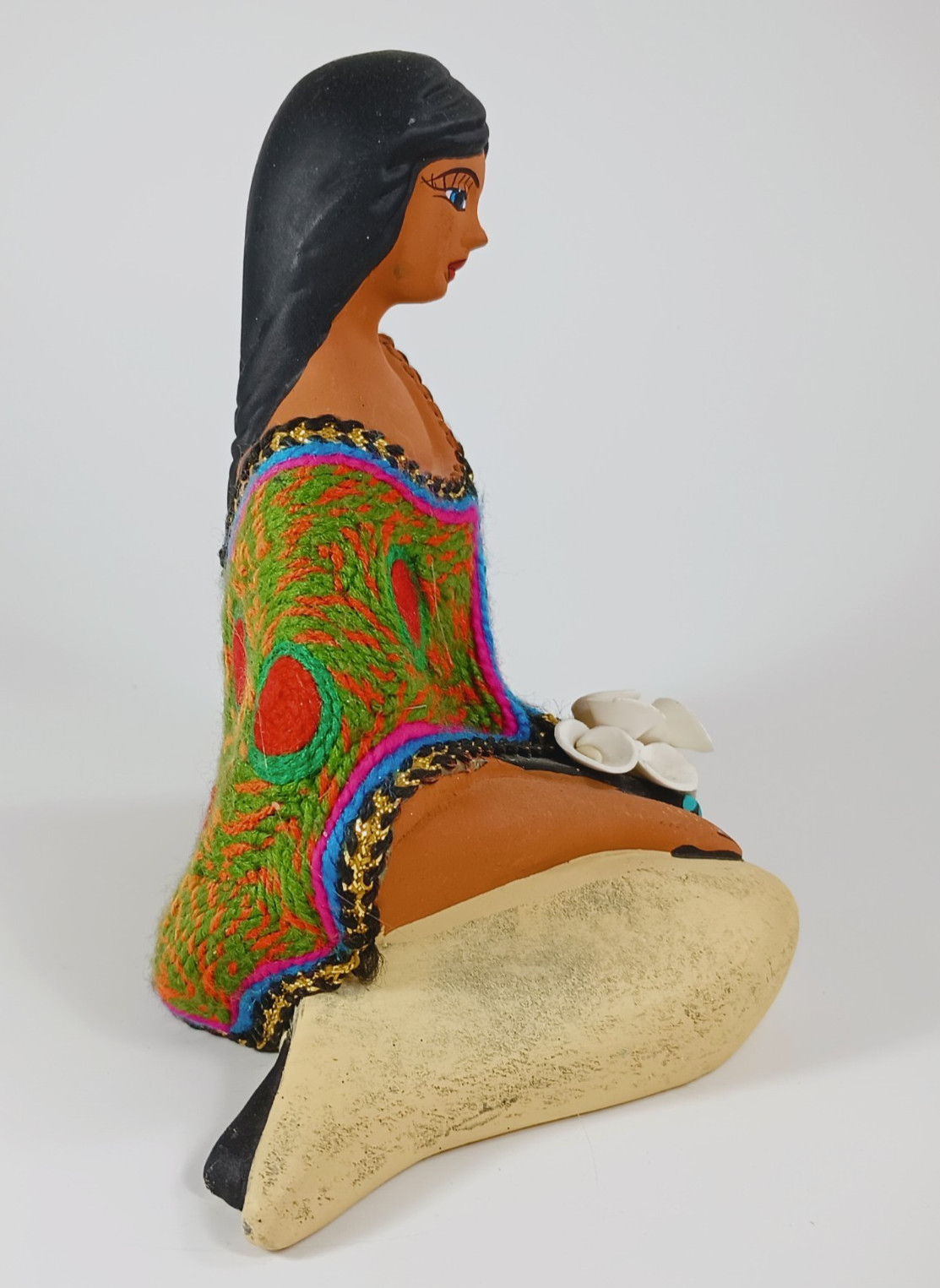 Clay Folk Art Honduran Lady Sitting with Flowers.