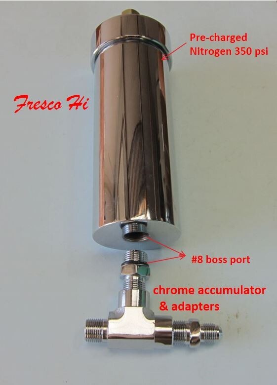 Lowrider Hydraulics accumulator, boss 8 port, pre-charged & adapters, all chrome