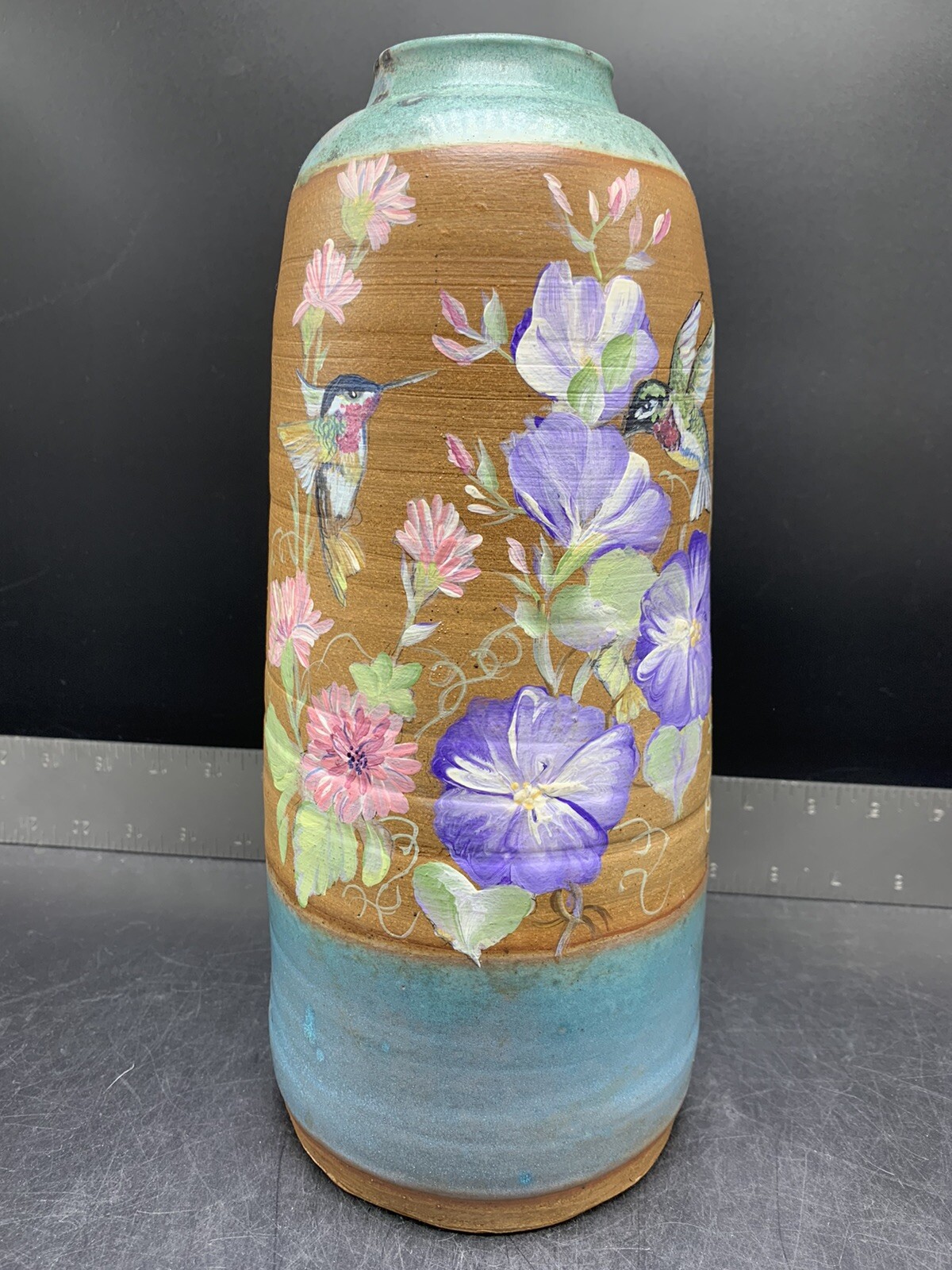 Hummingbird Vase Pottery Hand Painted Floral Art  Planter