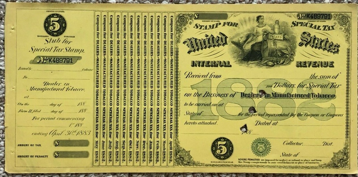 US SPECIAL TAX REVENUE STAMP - 1882 $5 DEALER IN MANUFACTURED TOBACCO - LOOK!