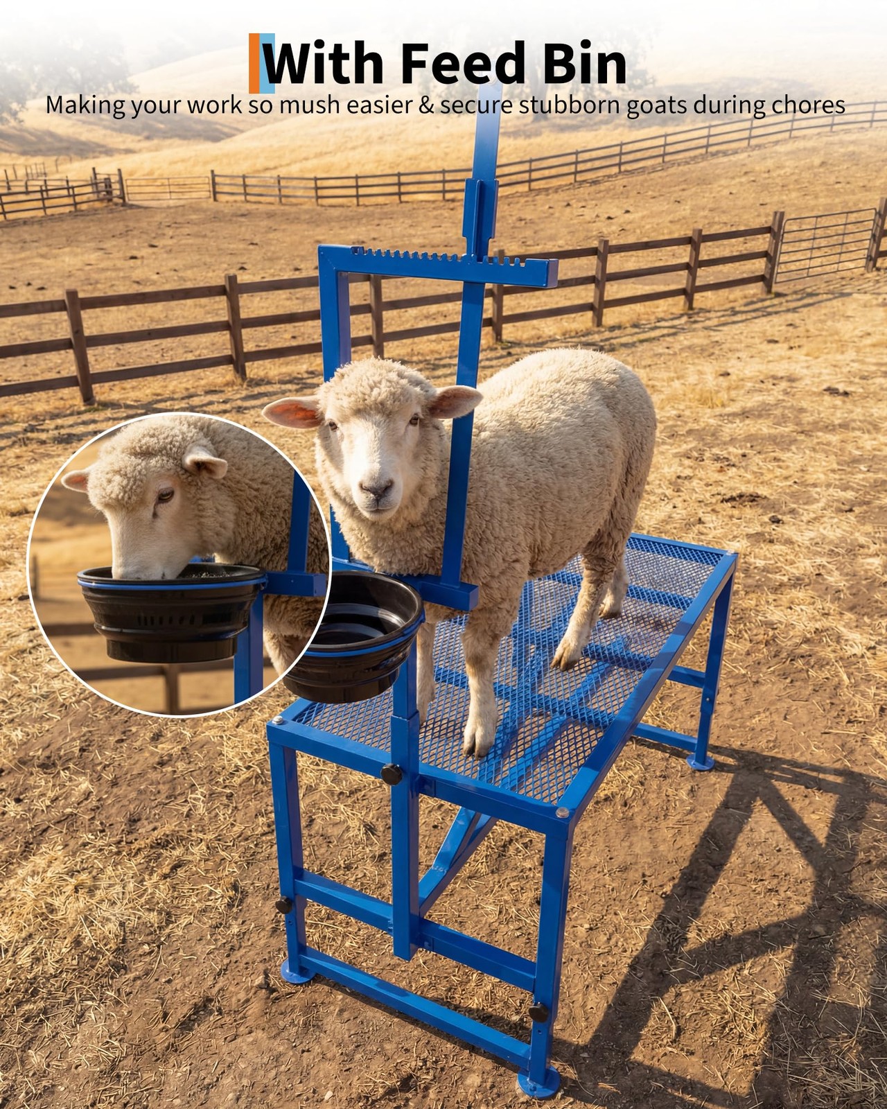 600Lbs Goat Stand with Feed Bin, Goat Milking Livestock Stand for Sheep Trimming