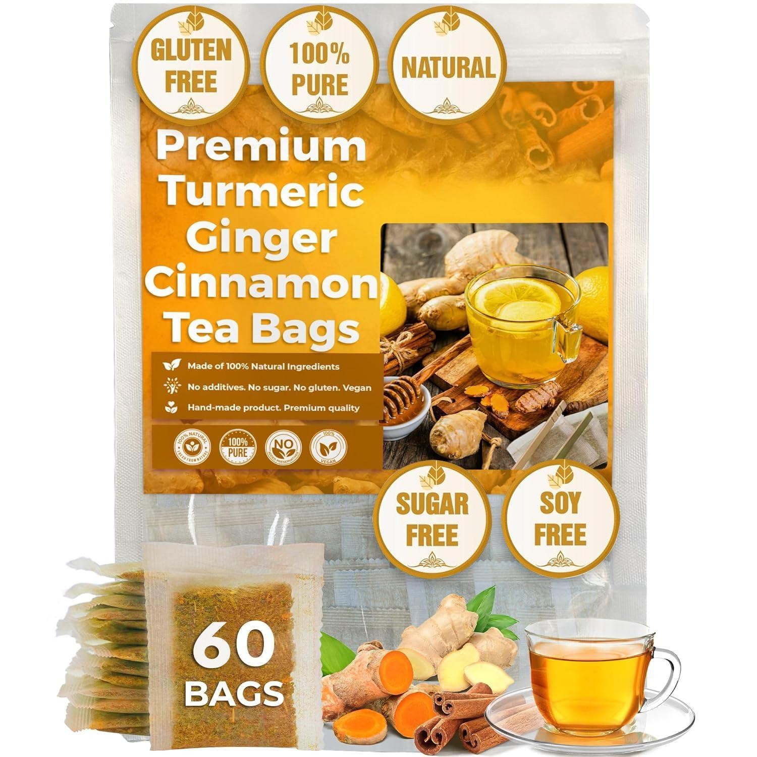 Turmeric Ginger Cinnamon Herbal Tea 120 Bags Vegan No Sugar Caffeine Free
