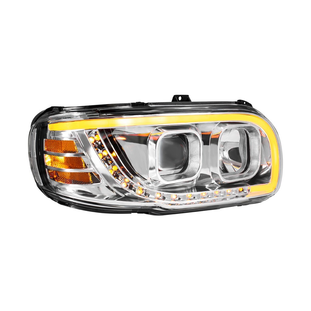 Headlight w/ LED Turn Signal Light Bar f/ Peterbilt 388/389/567-Chrome-Passenger