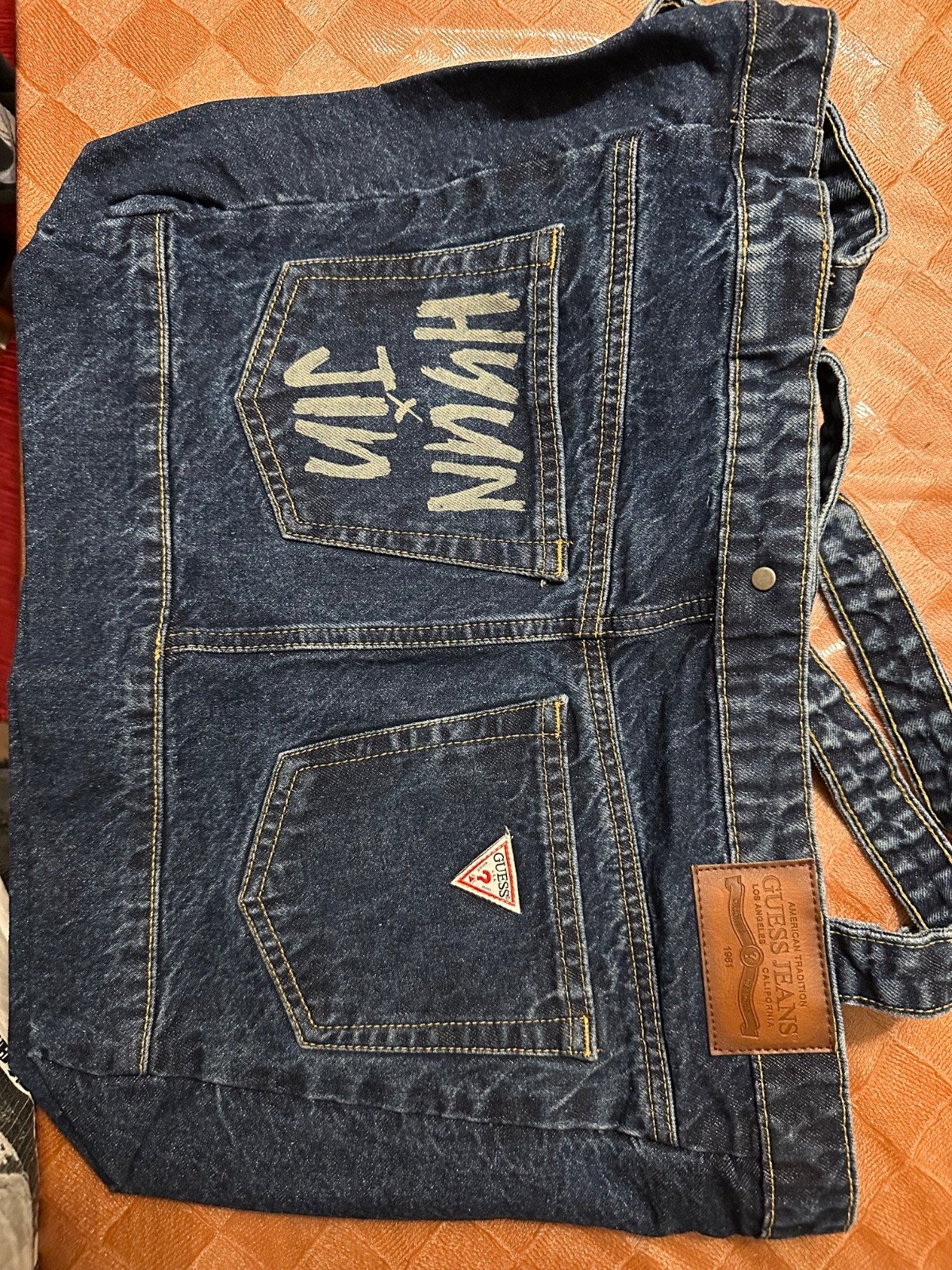 hyunjin x guess jeans tote bag engraving on the front and on the back pocket