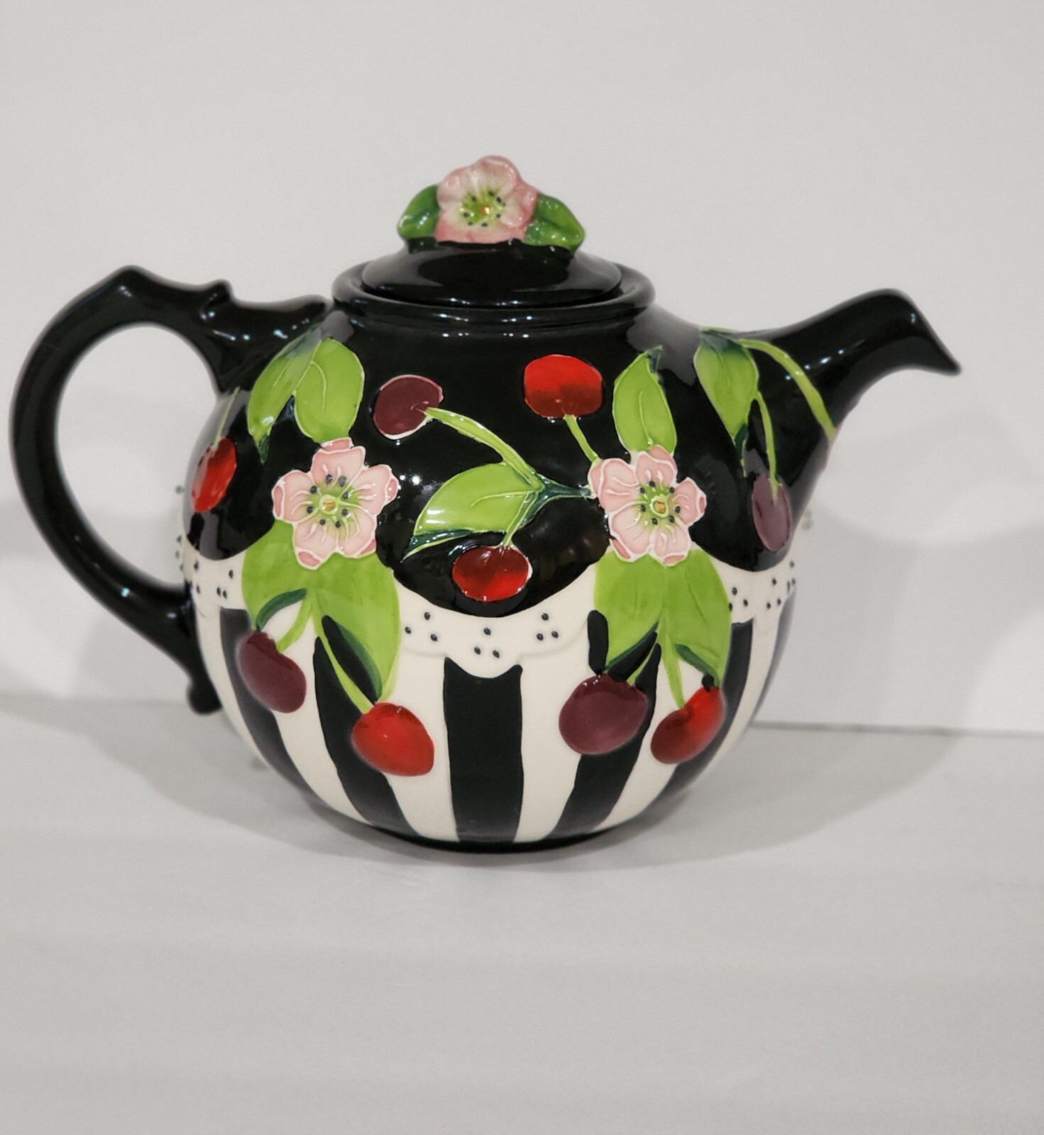 Blue Sky ICING ON THE CAKE Cherry Teapot Ceramic Floral Black White Engelbreit