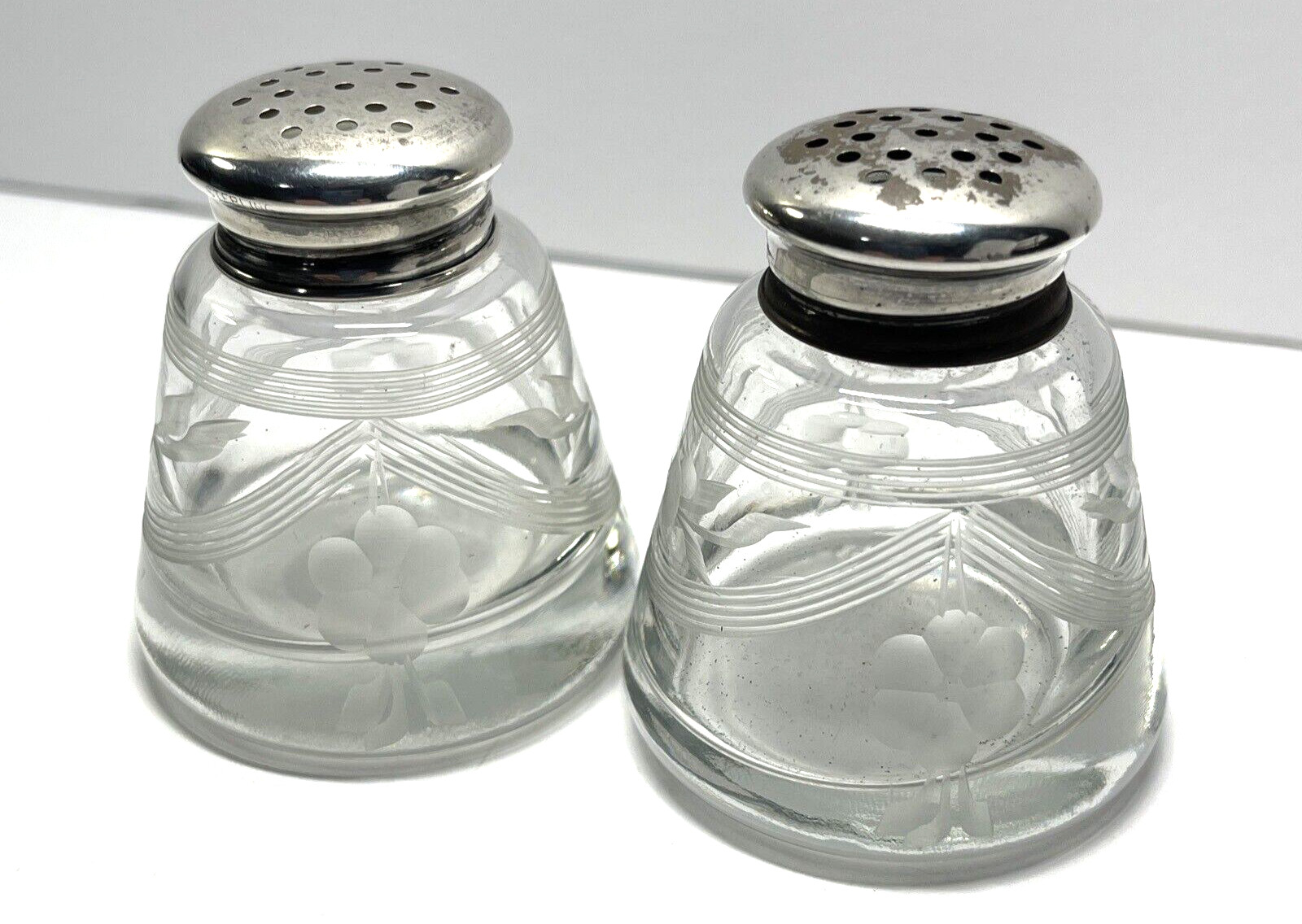 Etched Hand-Blown Glass Salt & Pepper Shaker Set Sterling Silver Tops - Vintage