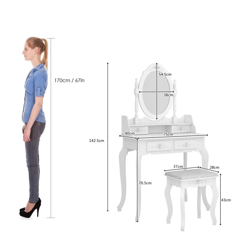 White Vanity Makeup Dressing Table Set w/Stool 4 Drawer&Mirror Jewelry Wood Desk