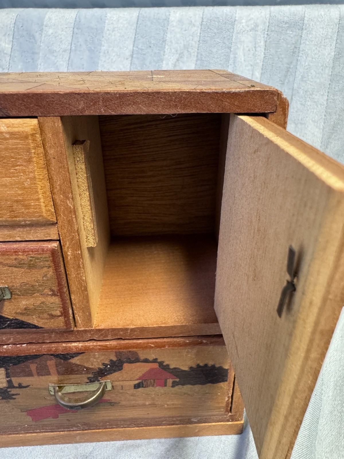 Japanese Vintage Wood Doll House Dresser Yosegi Marquetry Painted with Mirror