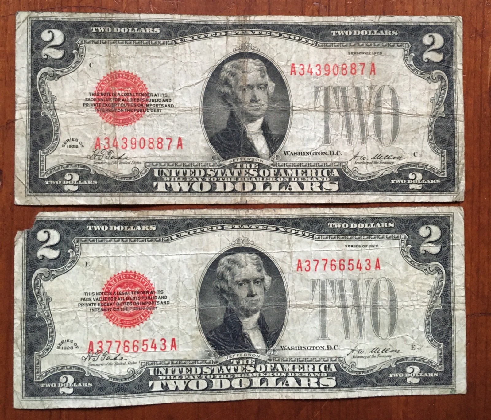 1928 $2 Set of 2 Fr 1501 *Scarce 1928 Plain*  *First Small Size Notes*