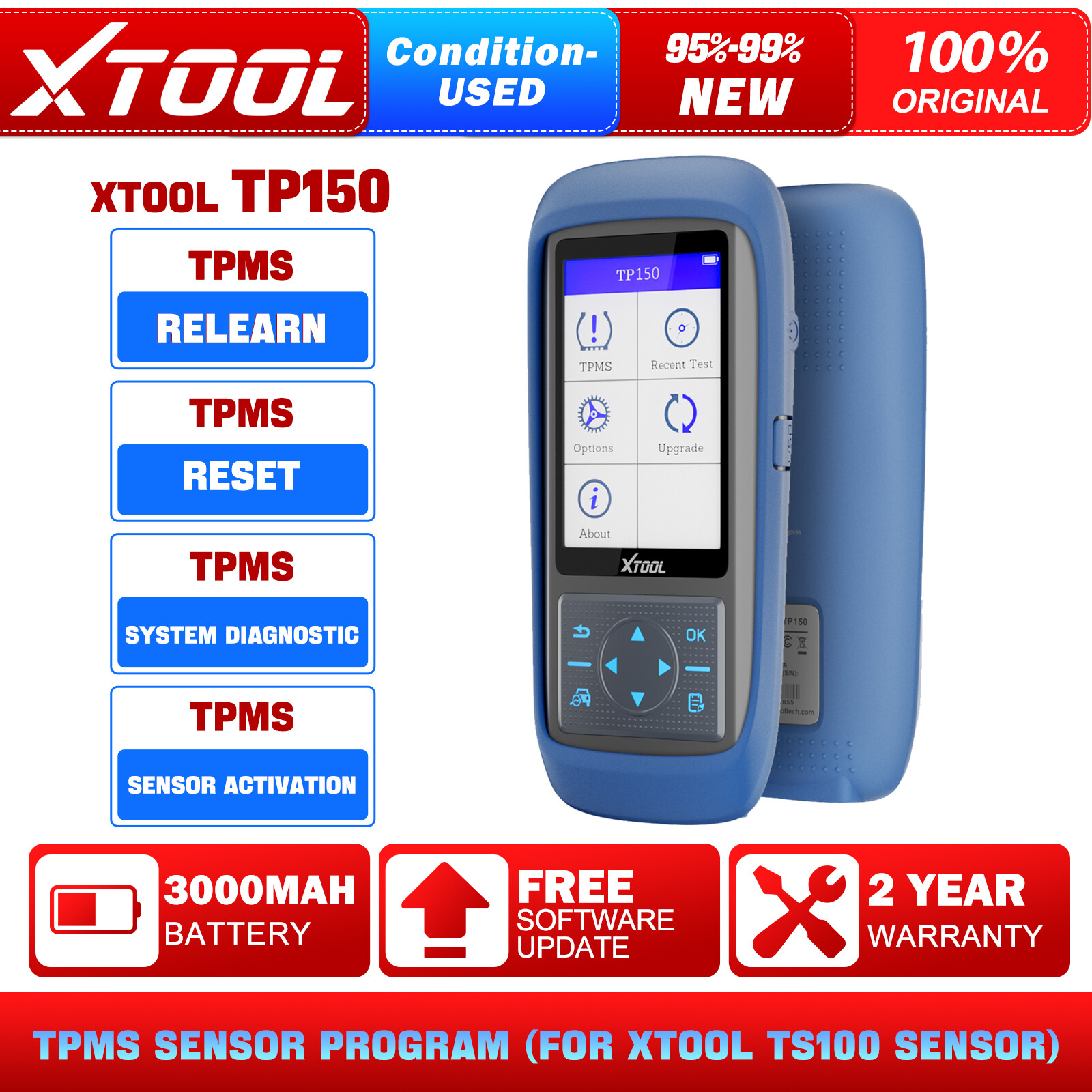 XTOOL TP150 TPMS Tire Sensor Relearn/Reset/Activate/TS100 Programming Tool