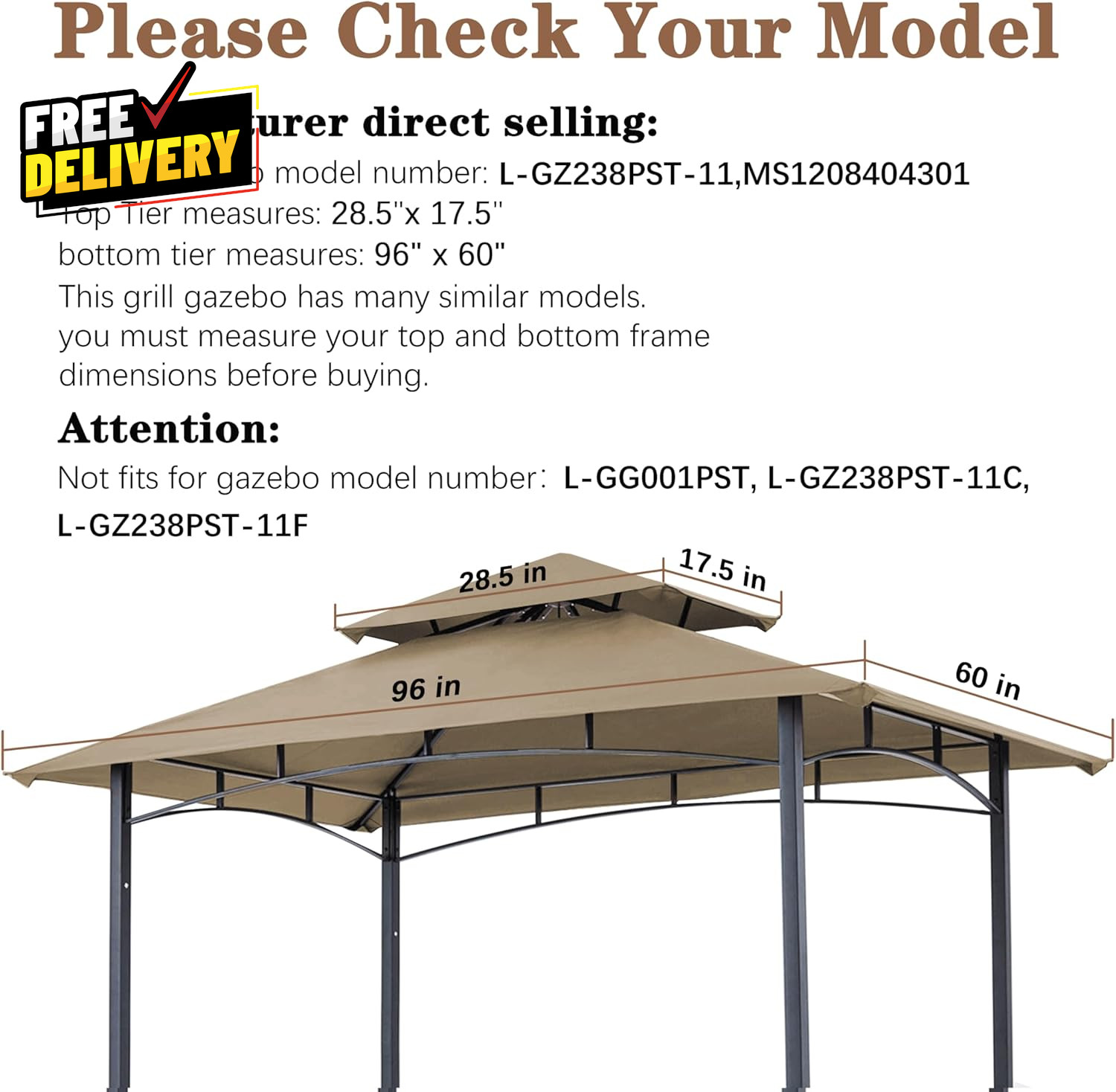 Replacement Canopy Grill BBQ Gazebo Roof Top for Gazebo Model L-GZ238PST-11 Only