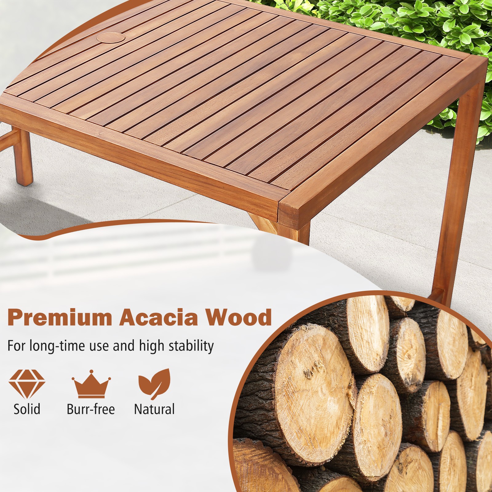 Patio Rectangle Acacia Wood Dining Table Spacious Slatted Top Up to 6 Outdoor