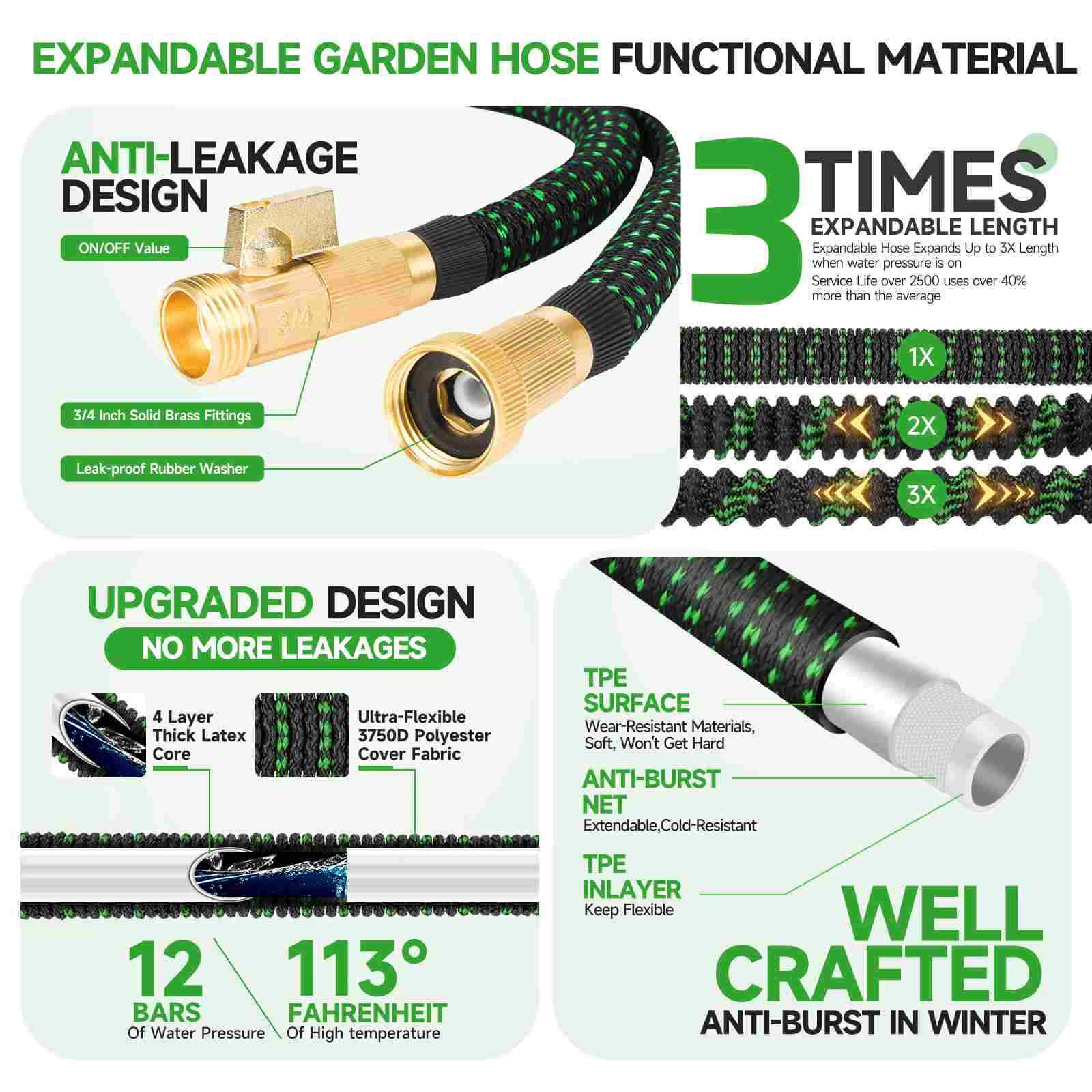 Durable Leak Proof Expandable Flexible Garden Water Hose 25/50/75/100/150ft