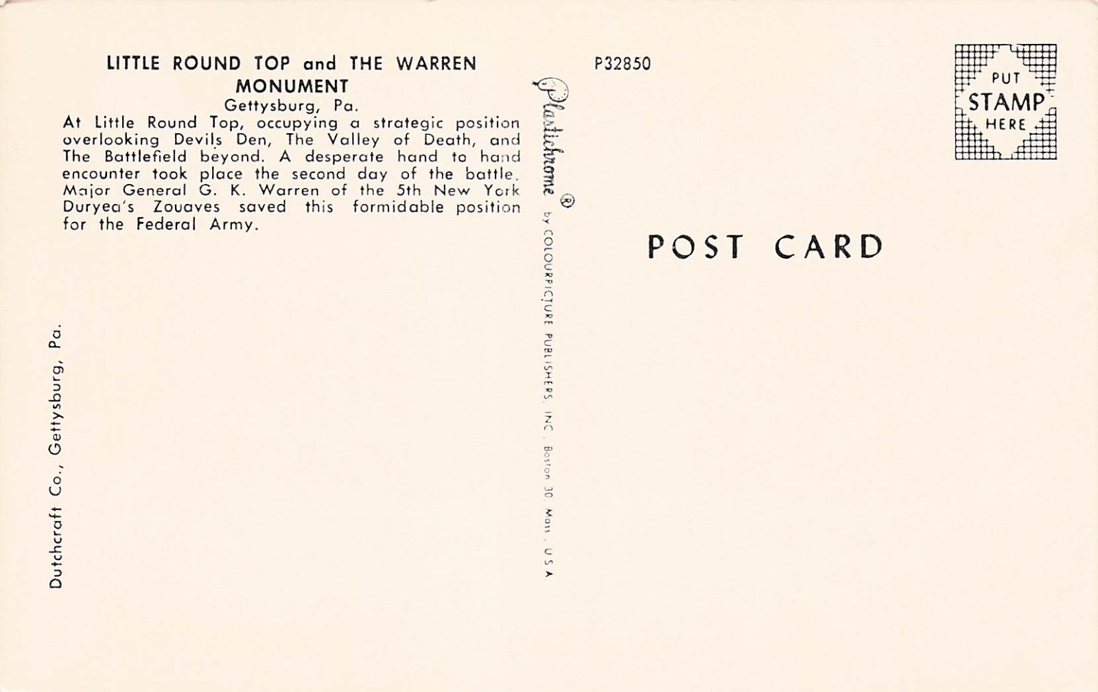 Civil War Battle of Gettysburg Army Military Statue Memorial Vtg Postcard I36