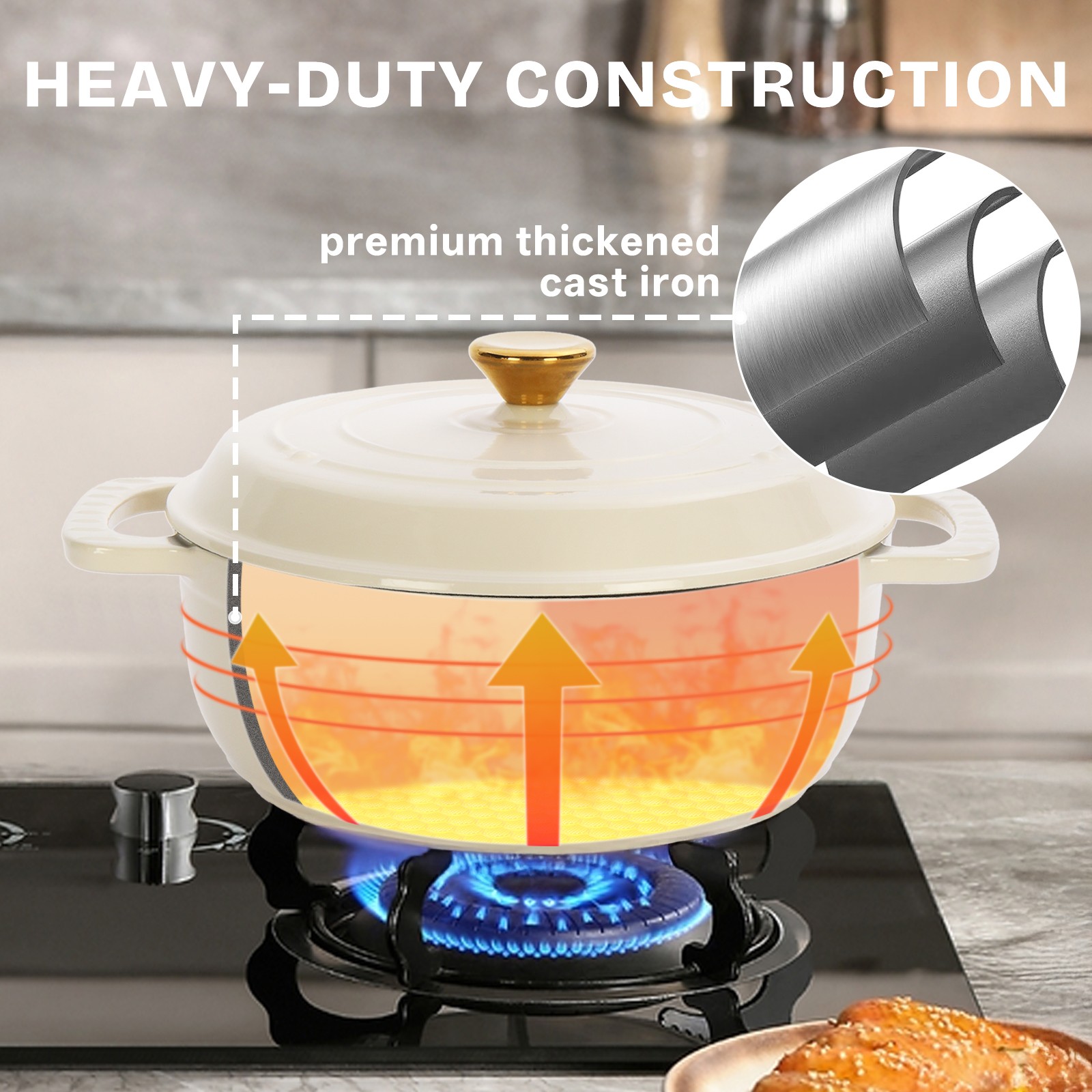 5QT Enameled Cast Iron Dutch Oven, Heavy Duty Dual Enamel Coating FDA Certified