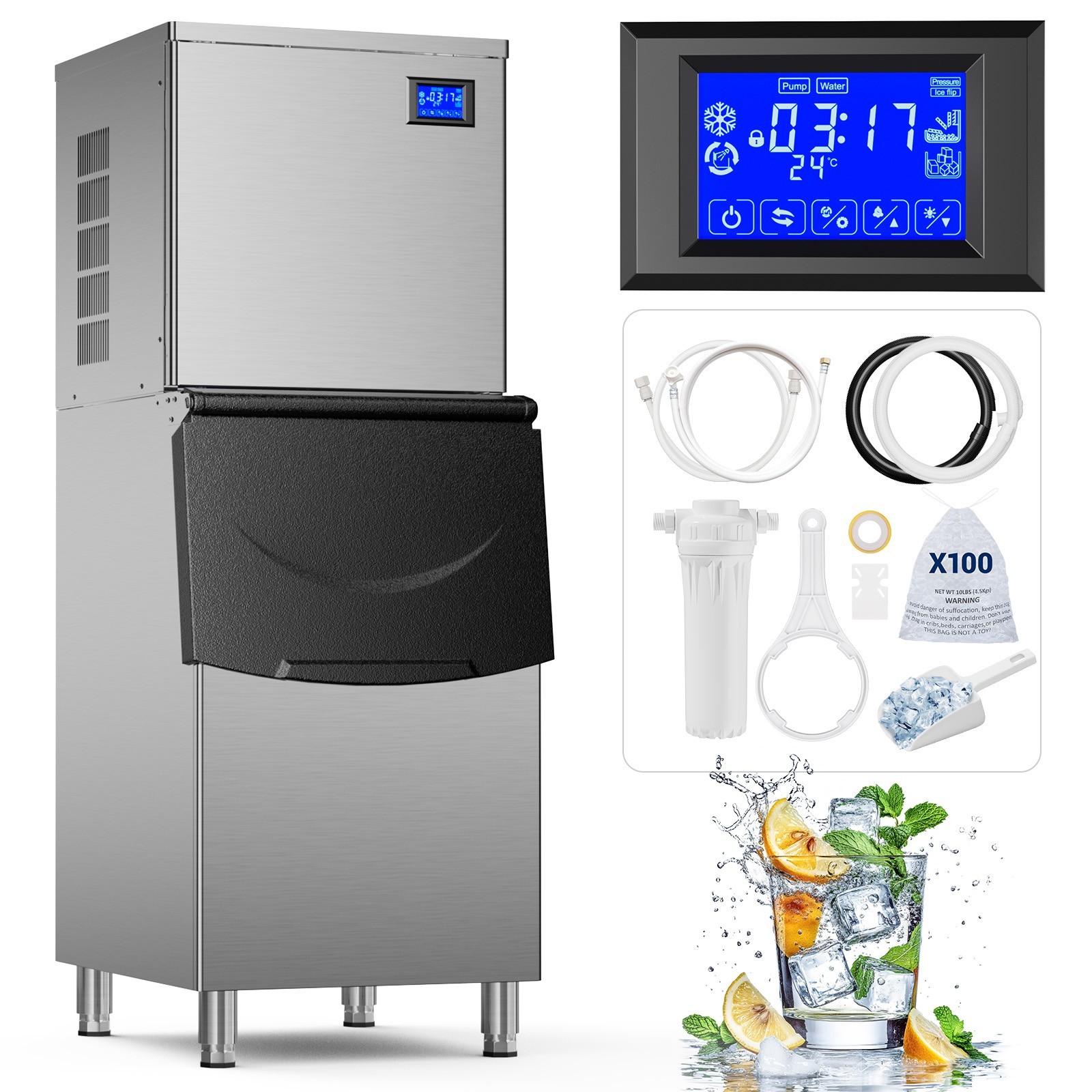 Heavy Duty 650Lbs/24H Commercial Ice Maker Machine 450Lbs Industrial Ice Machine