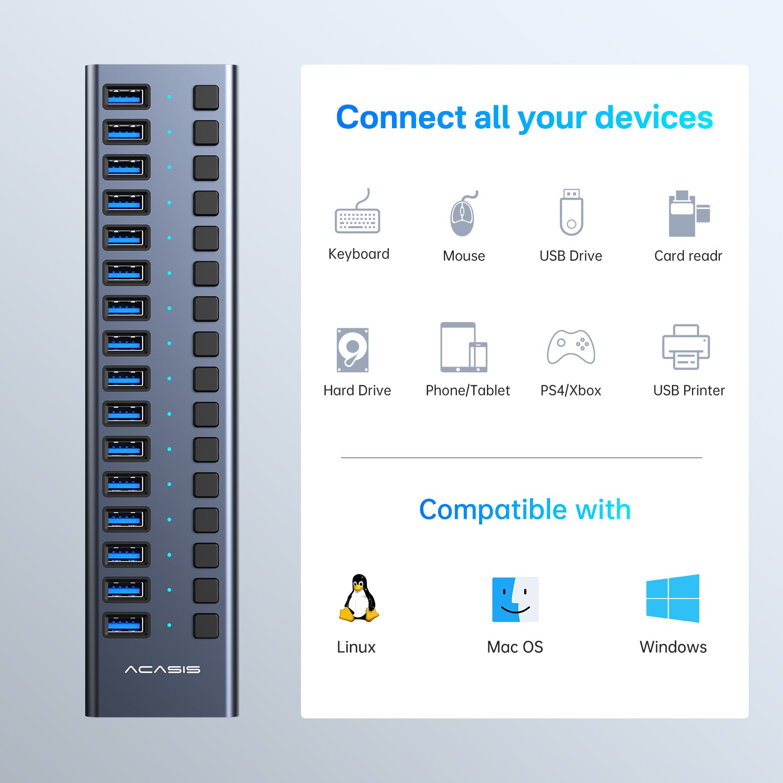 Acasis USB 3.1 Hub 10Gbps 16 Port On/Off Switch with AC Power Adapter for Laptop