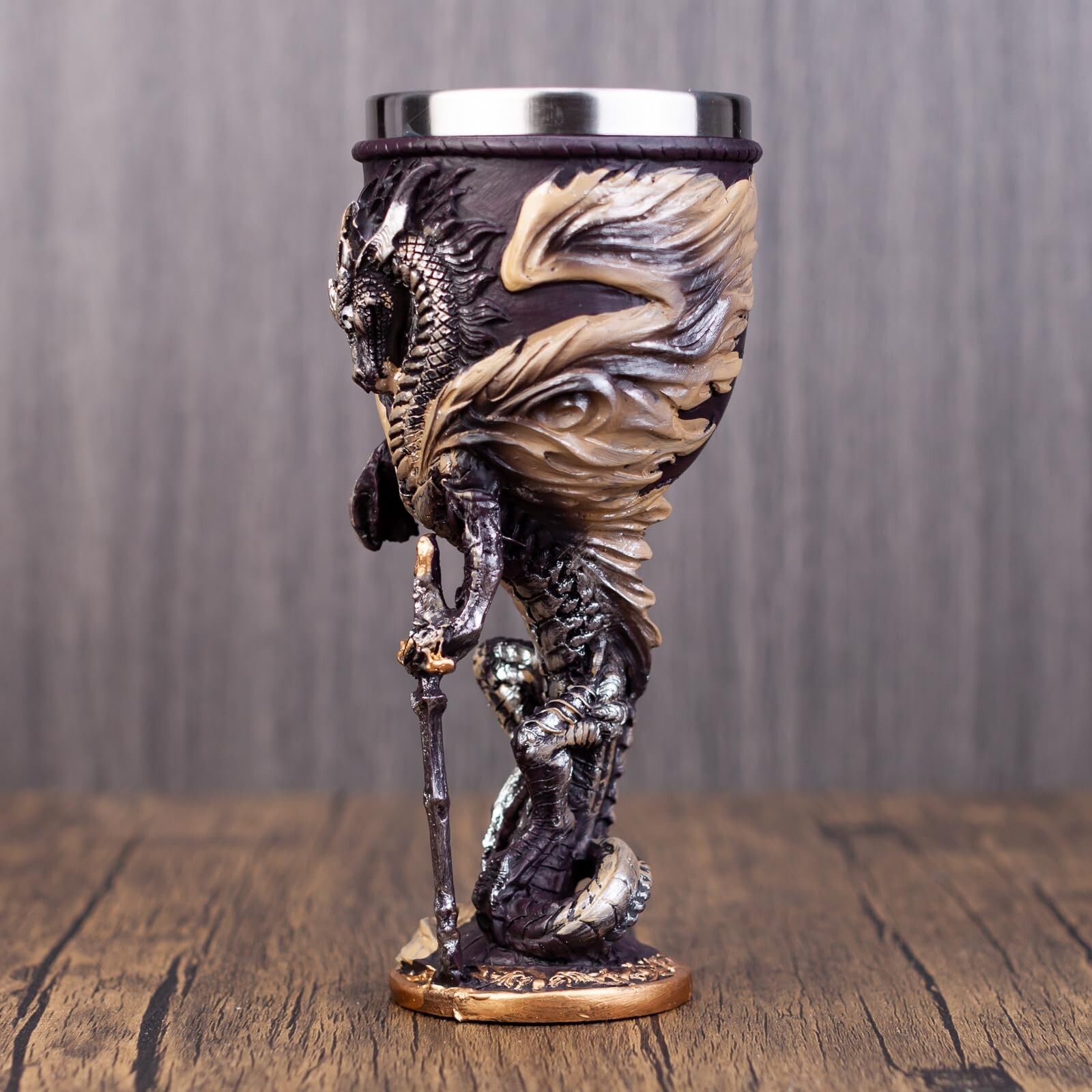 Medieval Flame Dragon Holding Sword Goblet Resin Wine Cup with Stainless Stee...